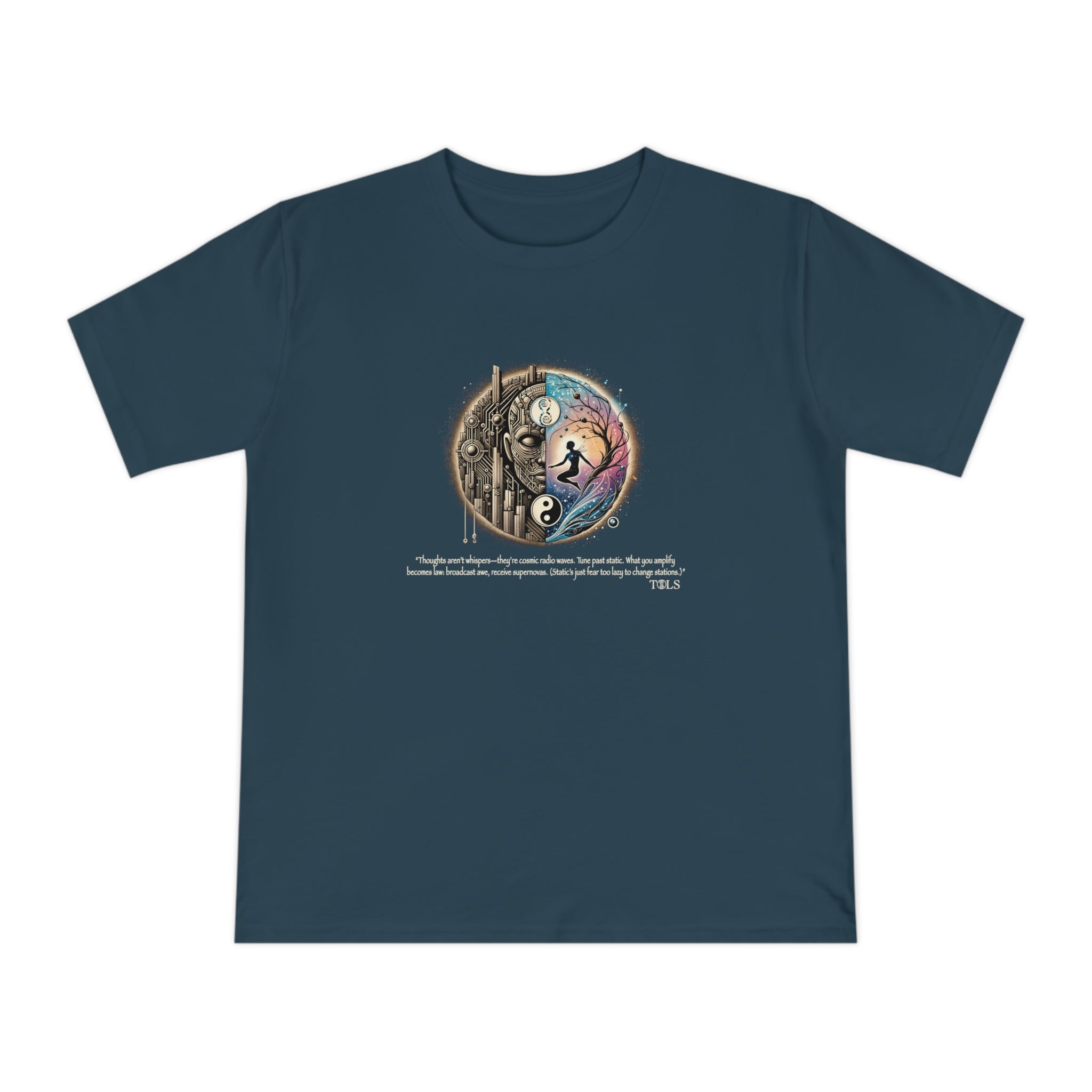Broadcast Awe Unisex T‑Shirt Denim Blue by TOLS – ethically made from organic cotton.