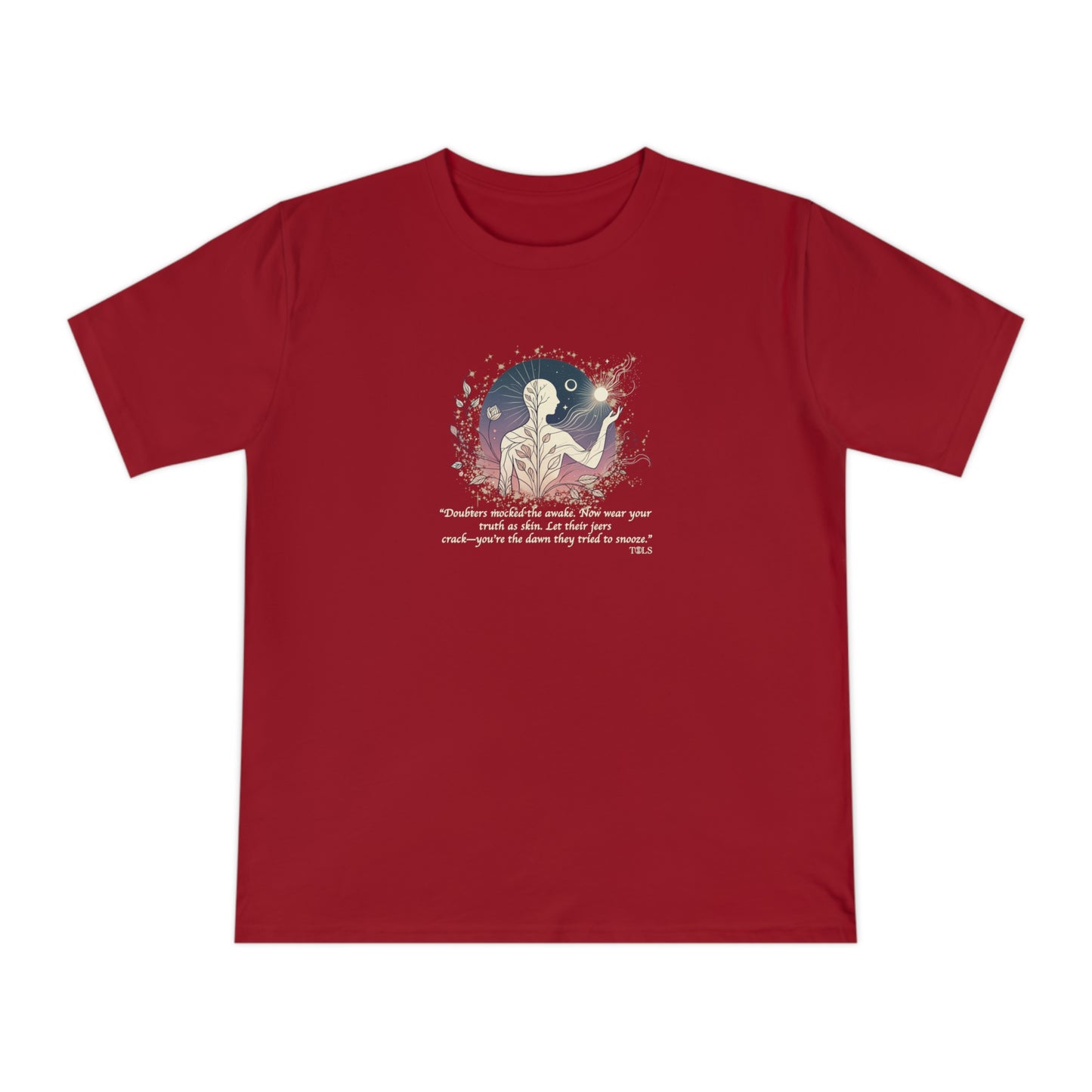 Sleepless Light Unisex T‑Shirt Dark Red by TOLS – ethically made from organic cotton.