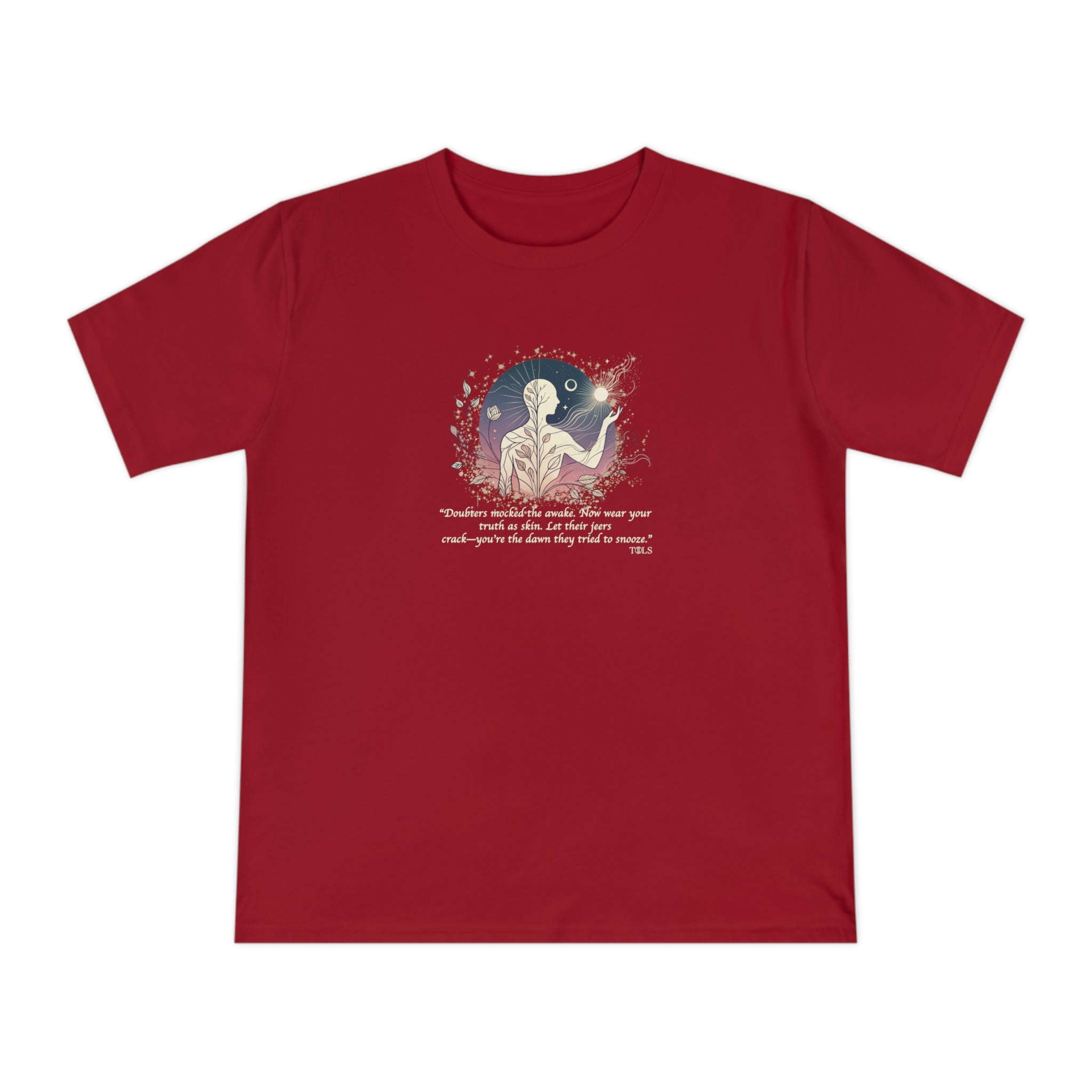 Sleepless Light Unisex T‑Shirt Dark Red by TOLS – ethically made from organic cotton.