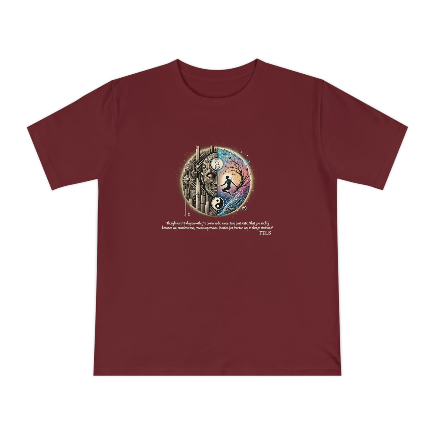 Broadcast Awe Unisex T‑Shirt Burgundy by TOLS – ethically made from organic cotton.