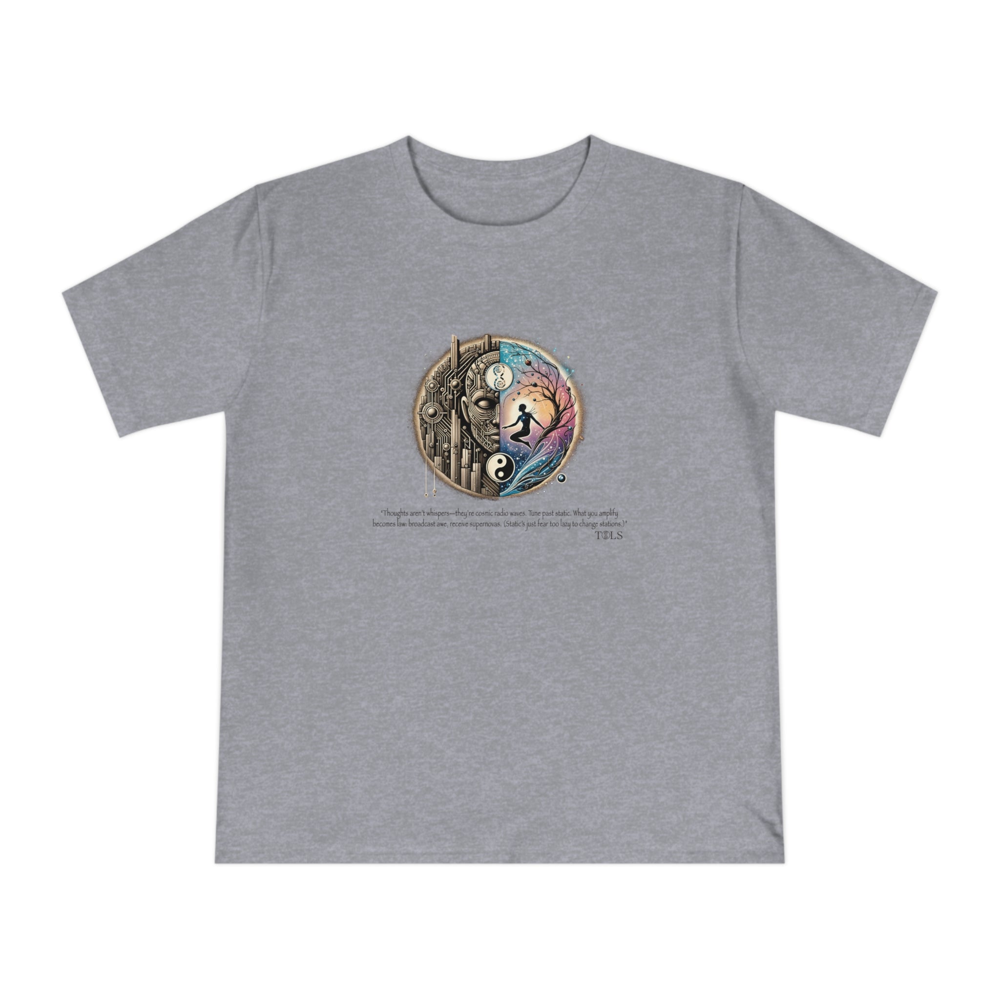 Broadcast Awe Unisex T‑Shirt Melange Grey by TOLS – ethically made from organic cotton.