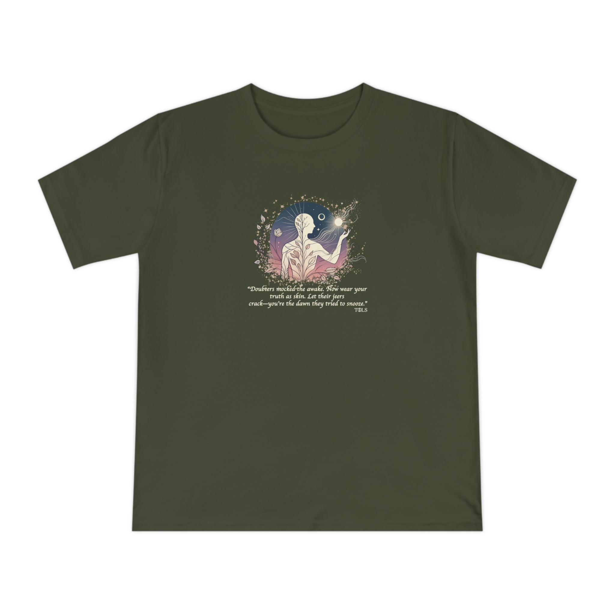 Sleepless Light Unisex T‑Shirt Moss Green by TOLS – ethically made from organic cotton.