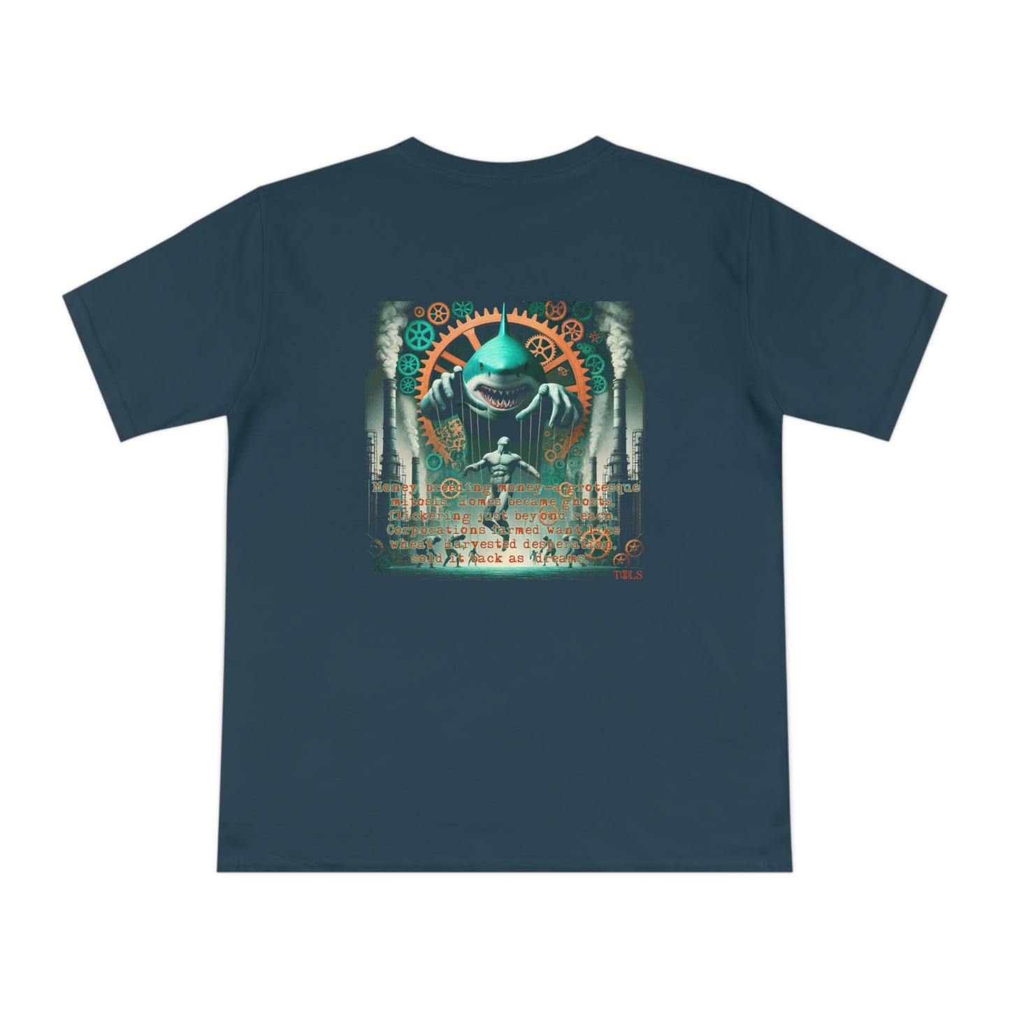 Harvested Hunger Unisex T‑Shirt Denim Blue by TOLS – ethically made from organic cotton.