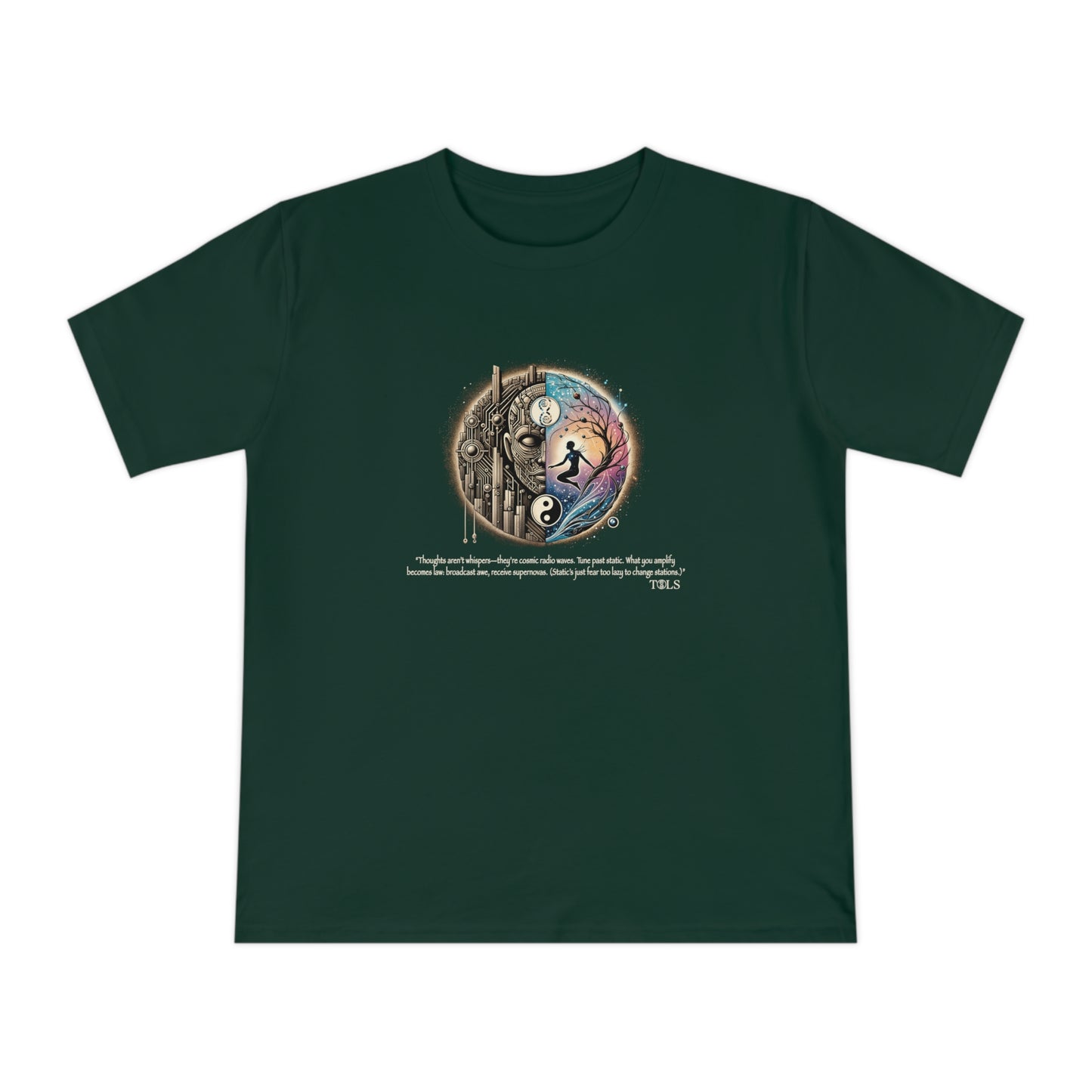 Broadcast Awe Unisex T‑Shirt Bottle Green by TOLS – ethically made from organic cotton.