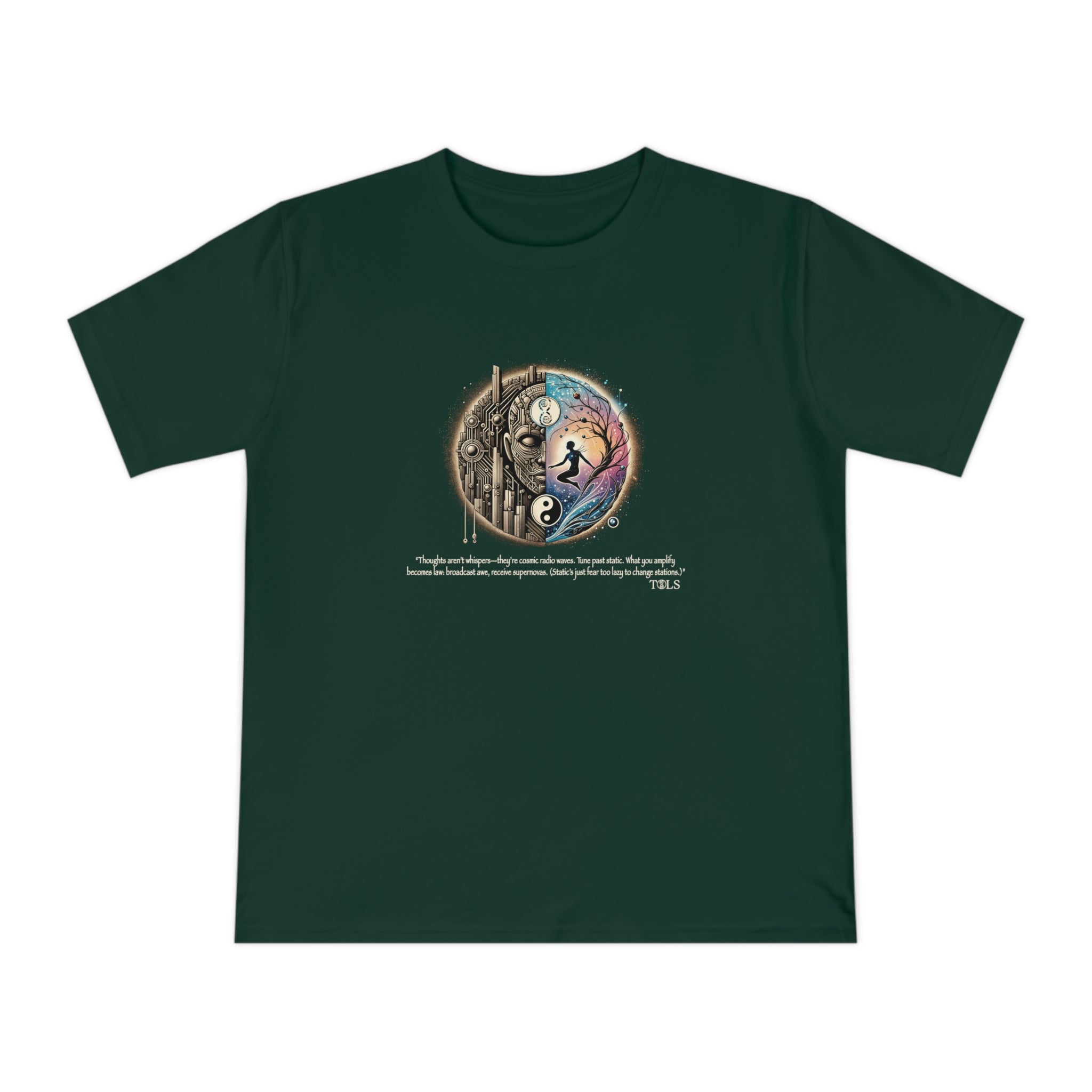 Broadcast Awe Unisex T‑Shirt Bottle Green by TOLS – ethically made from organic cotton.