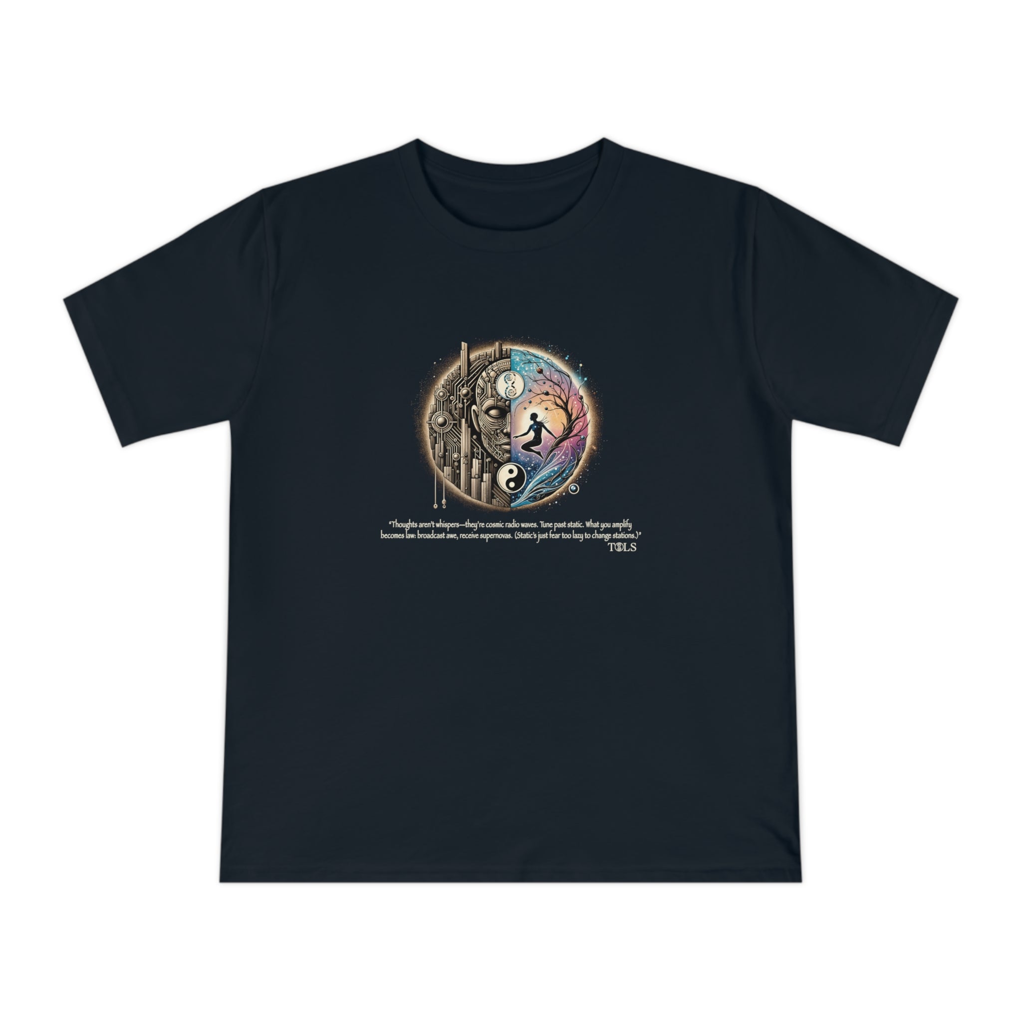 Broadcast Awe Unisex T‑Shirt Navy Blue by TOLS – ethically made from organic cotton.