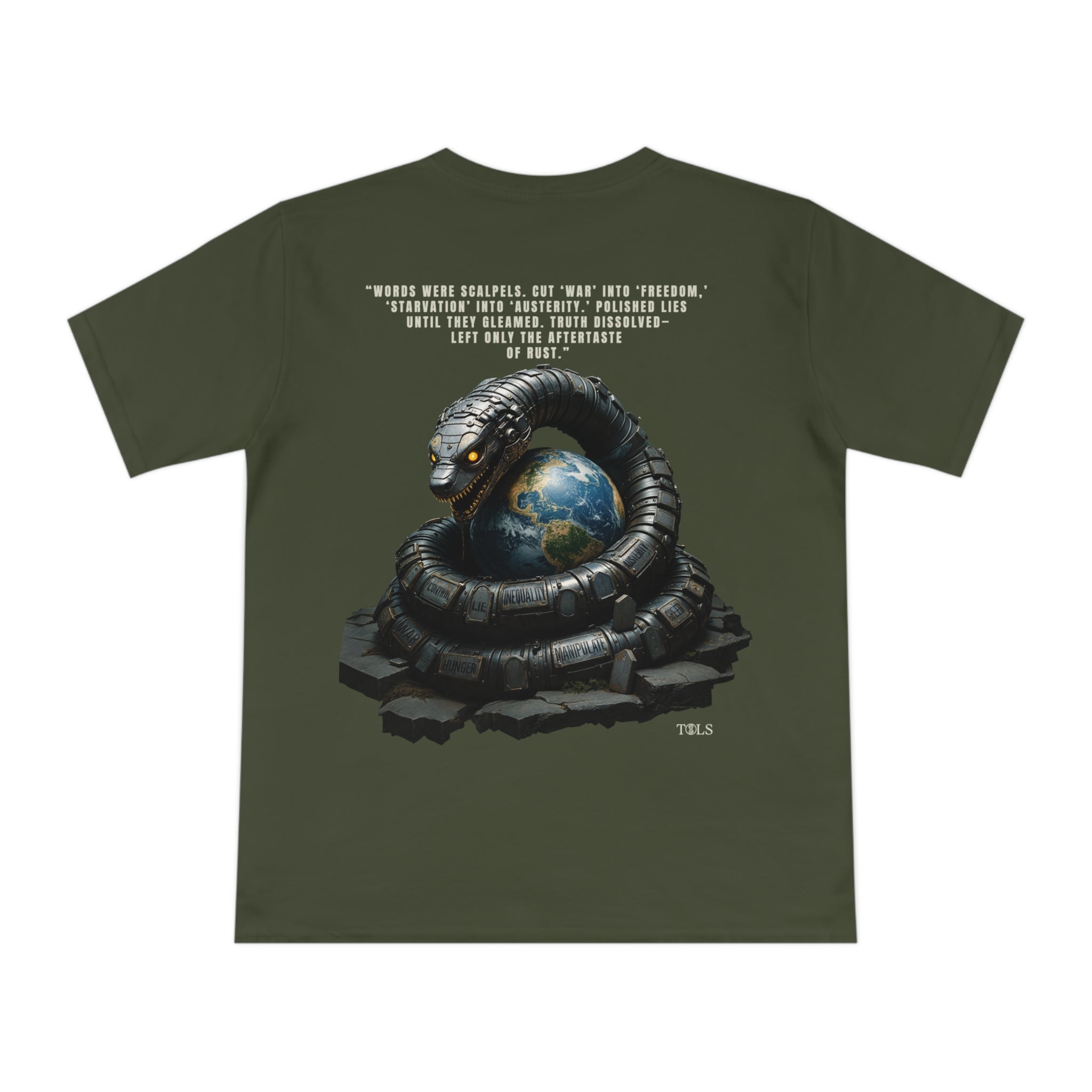 Rust-Tongued Unisex T‑Shirt Moss Green by TOLS – ethically made from organic cotton.
