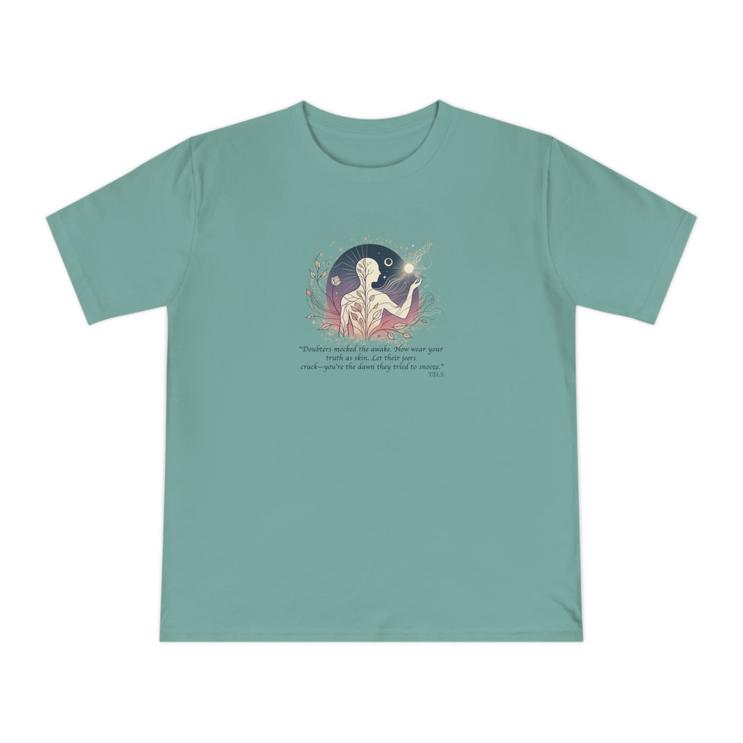 Sleepless Light Unisex T‑Shirt Sage Green by TOLS – ethically made from organic cotton.