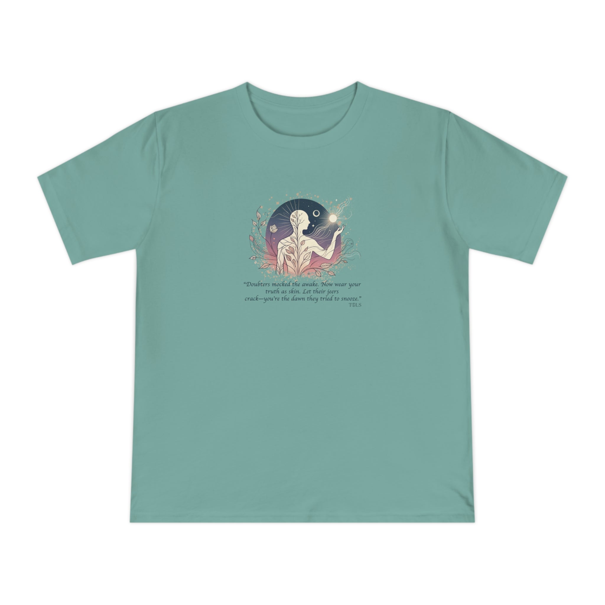 Sleepless Light Unisex T‑Shirt Sage Green by TOLS – ethically made from organic cotton.