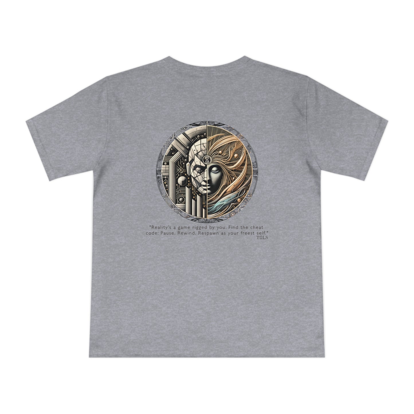 Quantum Respawn Unisex T‑Shirt Melange Grey by TOLS – ethically made from organic cotton.