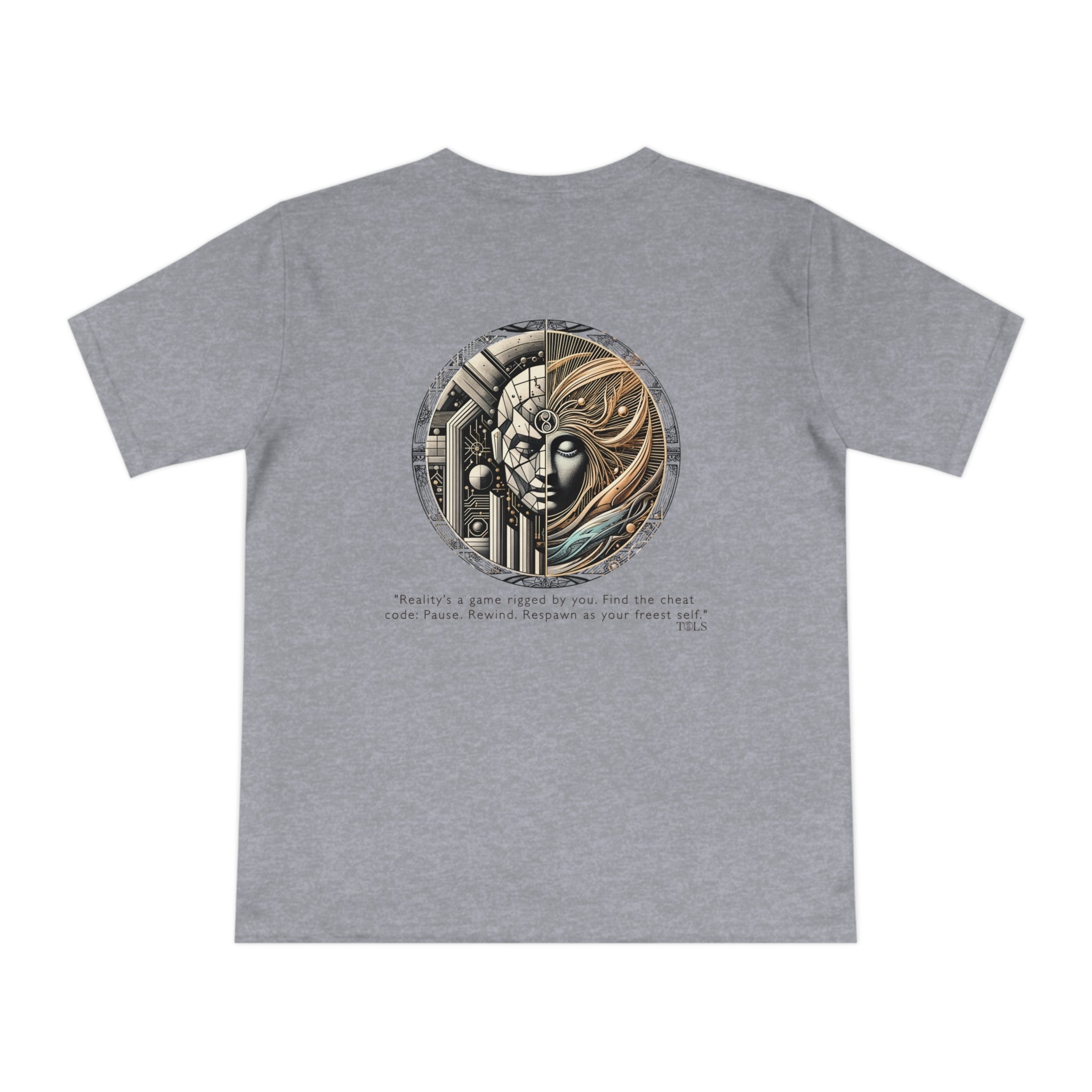 Quantum Respawn Unisex T‑Shirt Melange Grey by TOLS – ethically made from organic cotton.