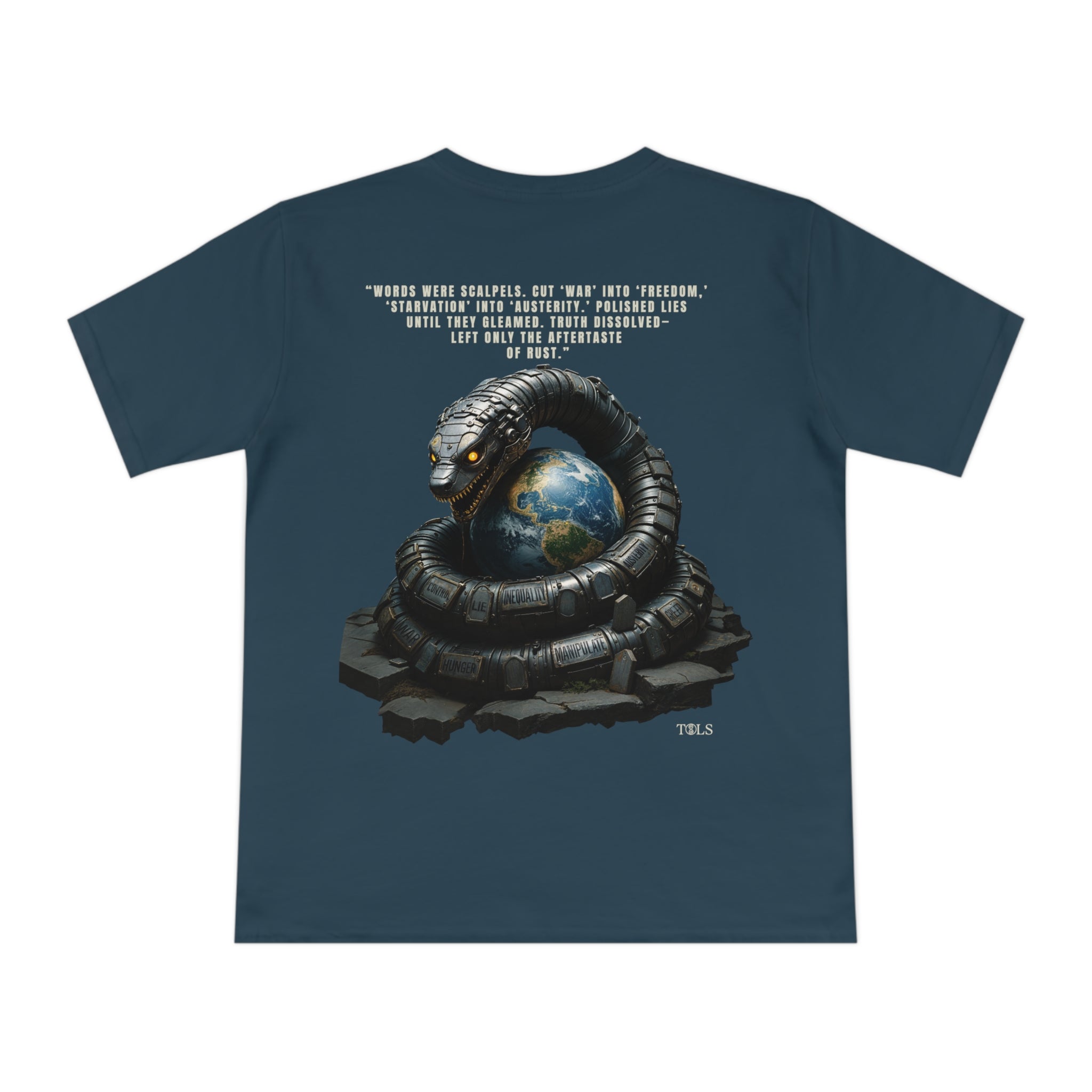 Rust-Tongued Unisex T‑Shirt Denim Blue by TOLS – ethically made from organic cotton.