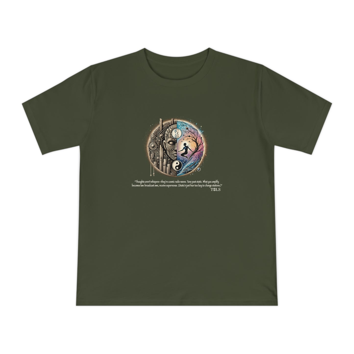 Broadcast Awe Unisex T‑Shirt Moss Green by TOLS – ethically made from organic cotton.