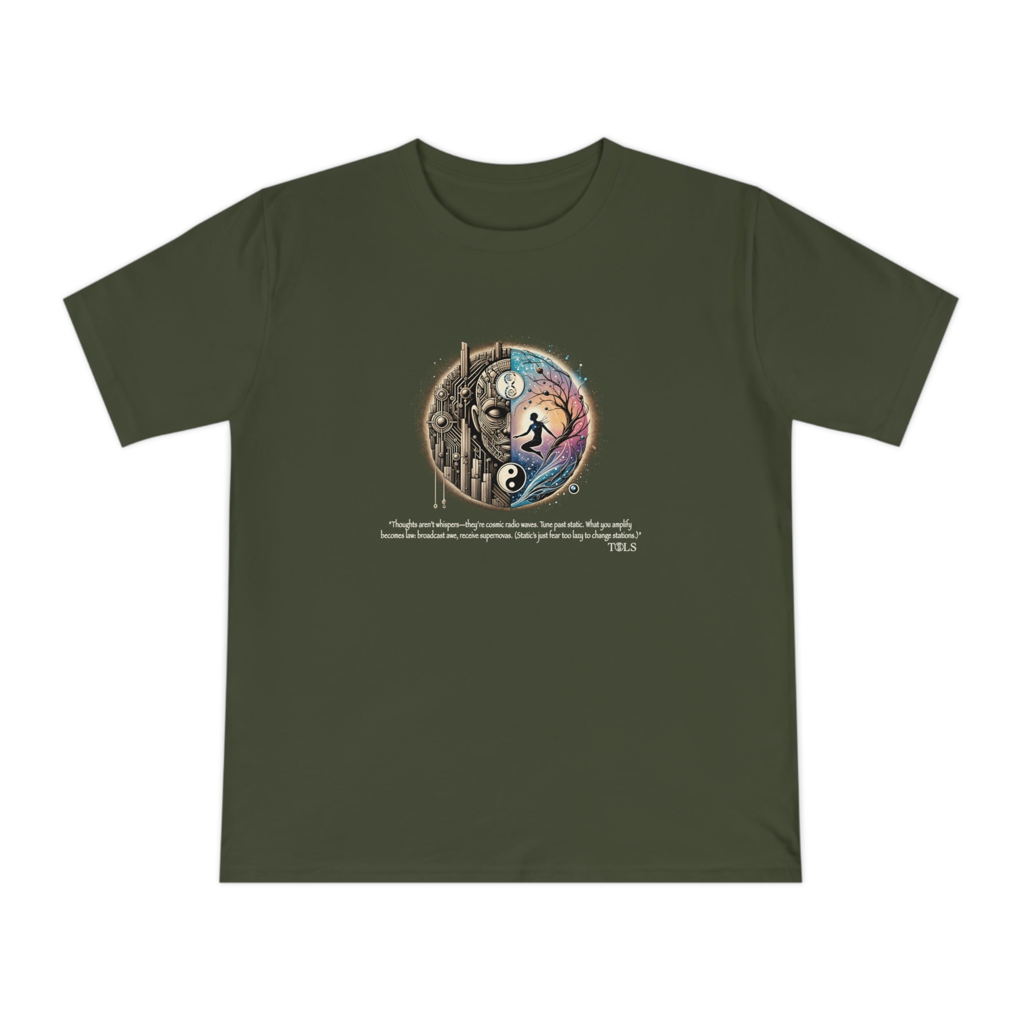 Broadcast Awe Unisex T‑Shirt Moss Green by TOLS – ethically made from organic cotton.