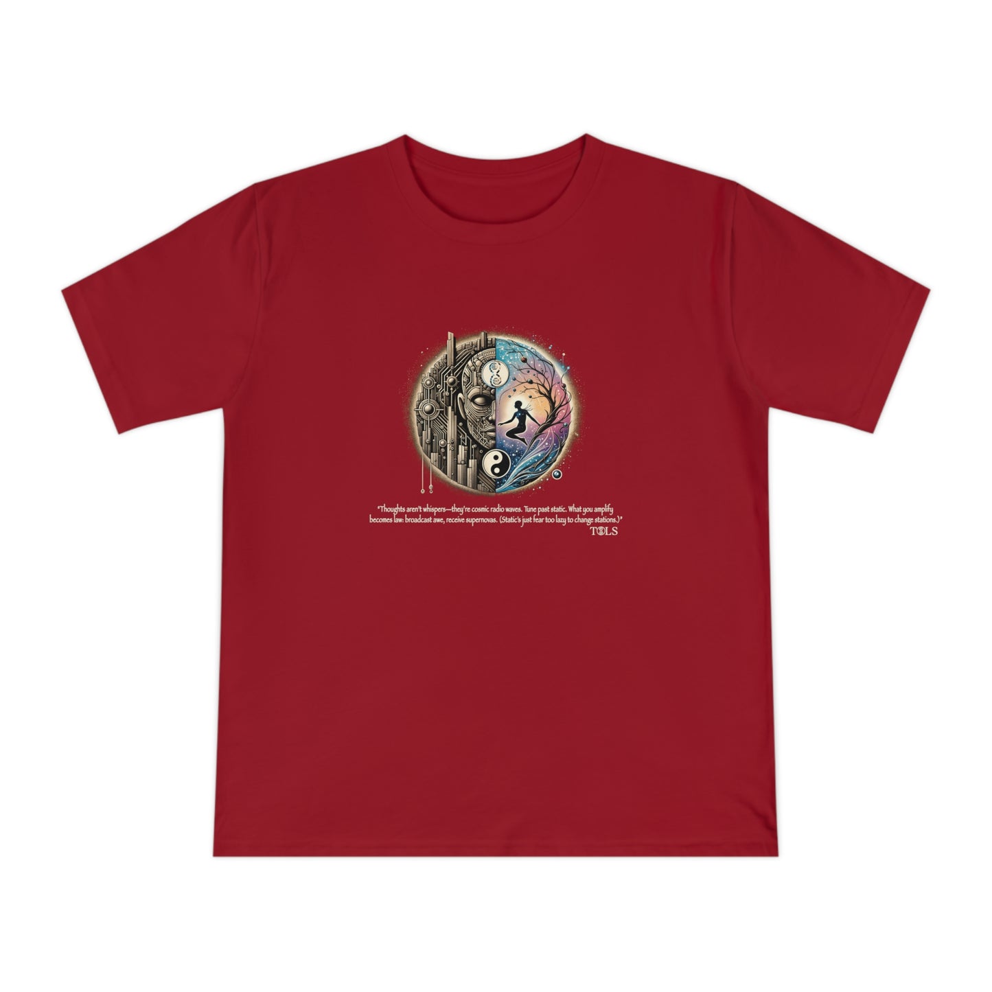 Broadcast Awe Unisex T‑Shirt Dark Red by TOLS – ethically made from organic cotton.