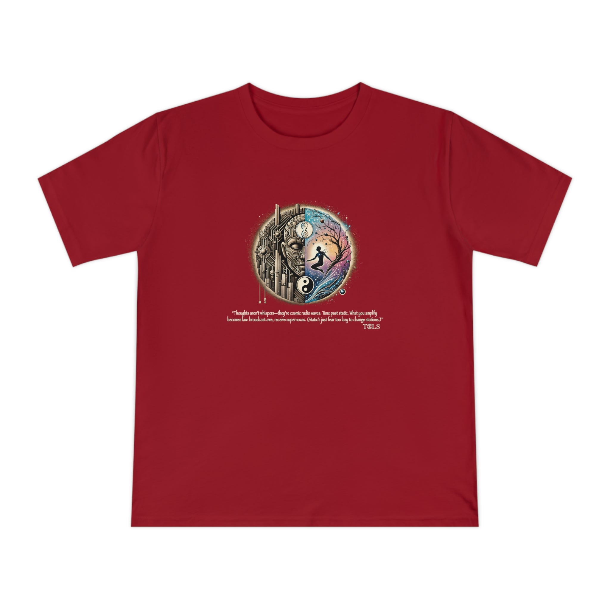 Broadcast Awe Unisex T‑Shirt Dark Red by TOLS – ethically made from organic cotton.