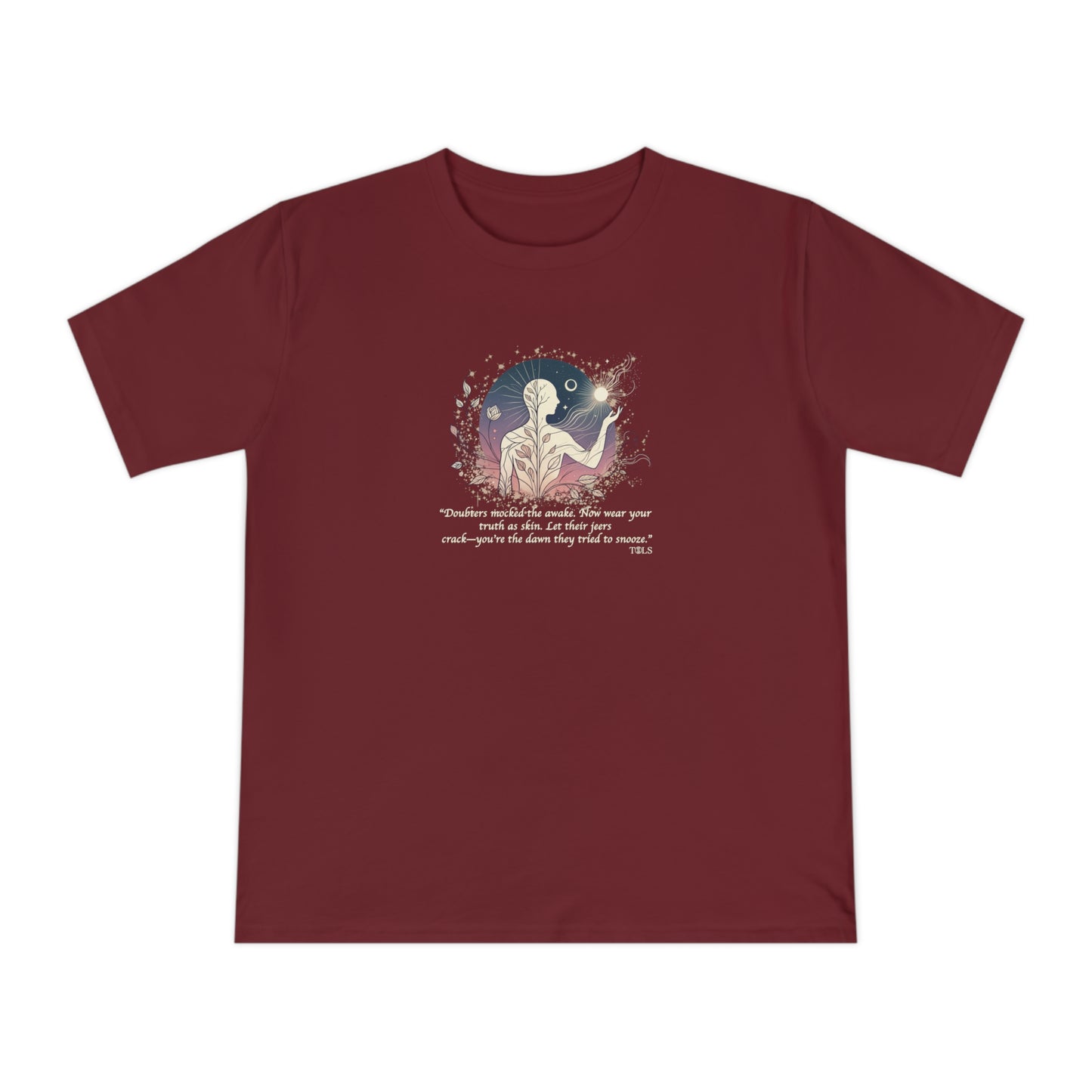 Sleepless Light Unisex T‑Shirt Burgundy by TOLS – ethically made from organic cotton.