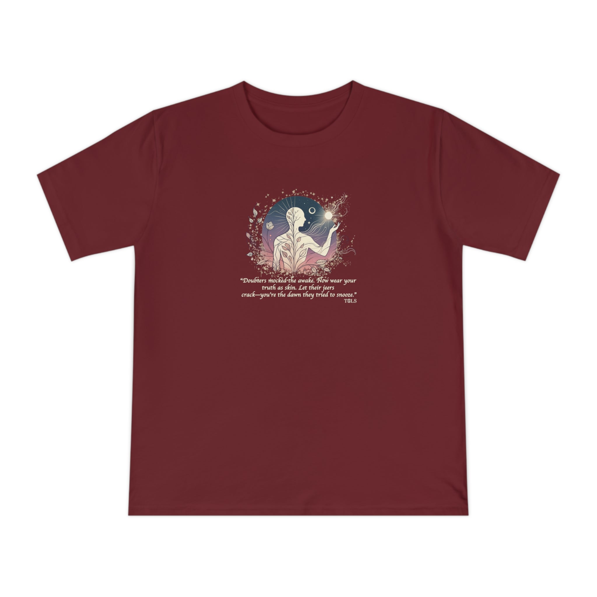 Sleepless Light Unisex T‑Shirt Burgundy by TOLS – ethically made from organic cotton.
