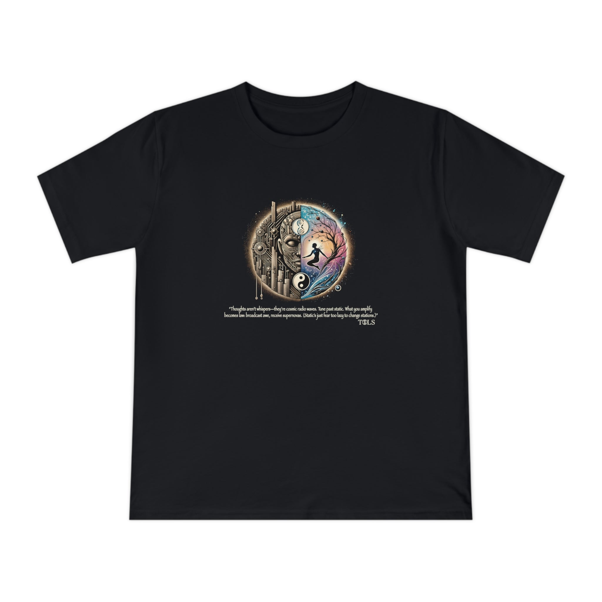 Broadcast Awe Unisex T‑Shirt Black by TOLS – ethically made from organic cotton.
