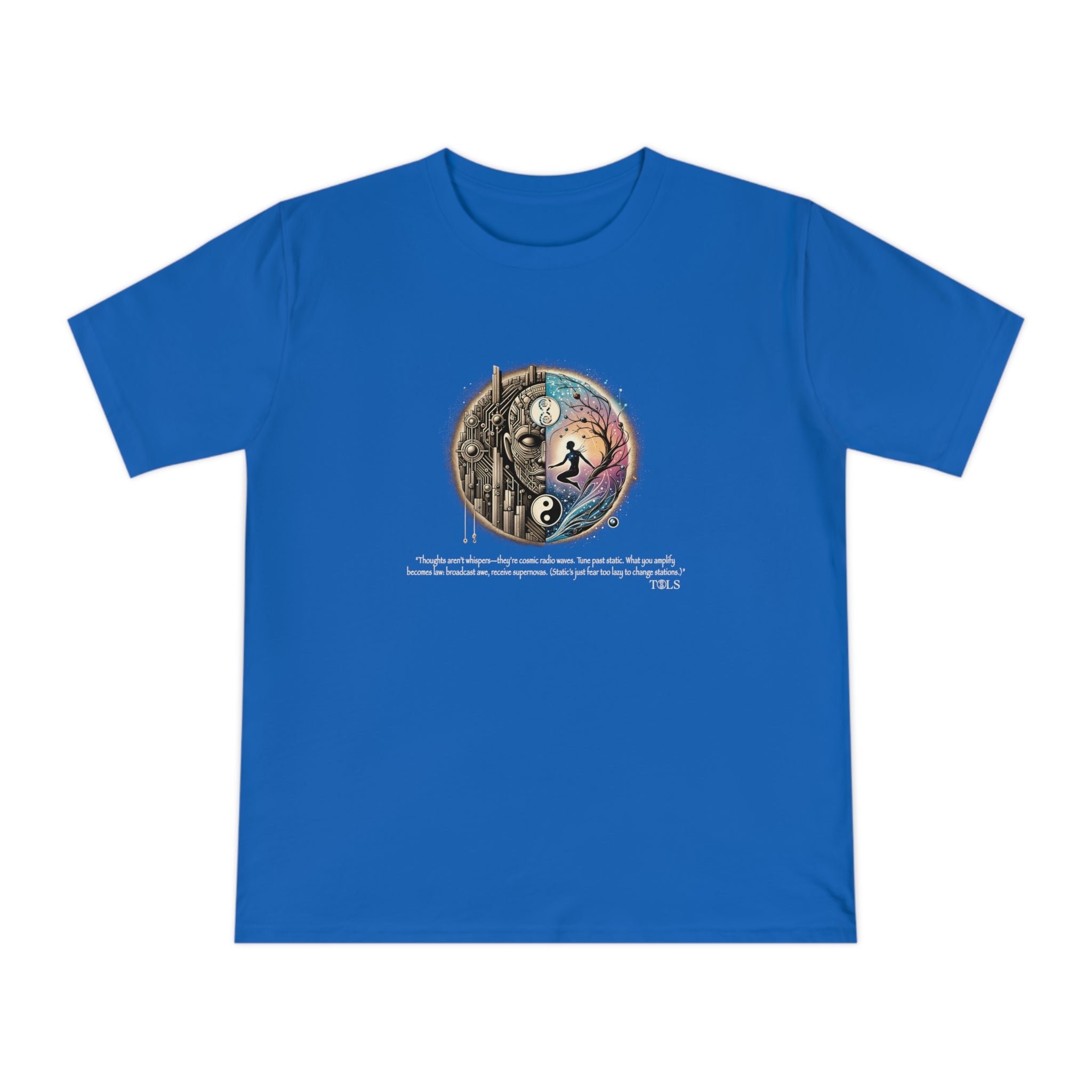 Broadcast Awe Unisex T‑Shirt Bright Blue by TOLS – ethically made from organic cotton.