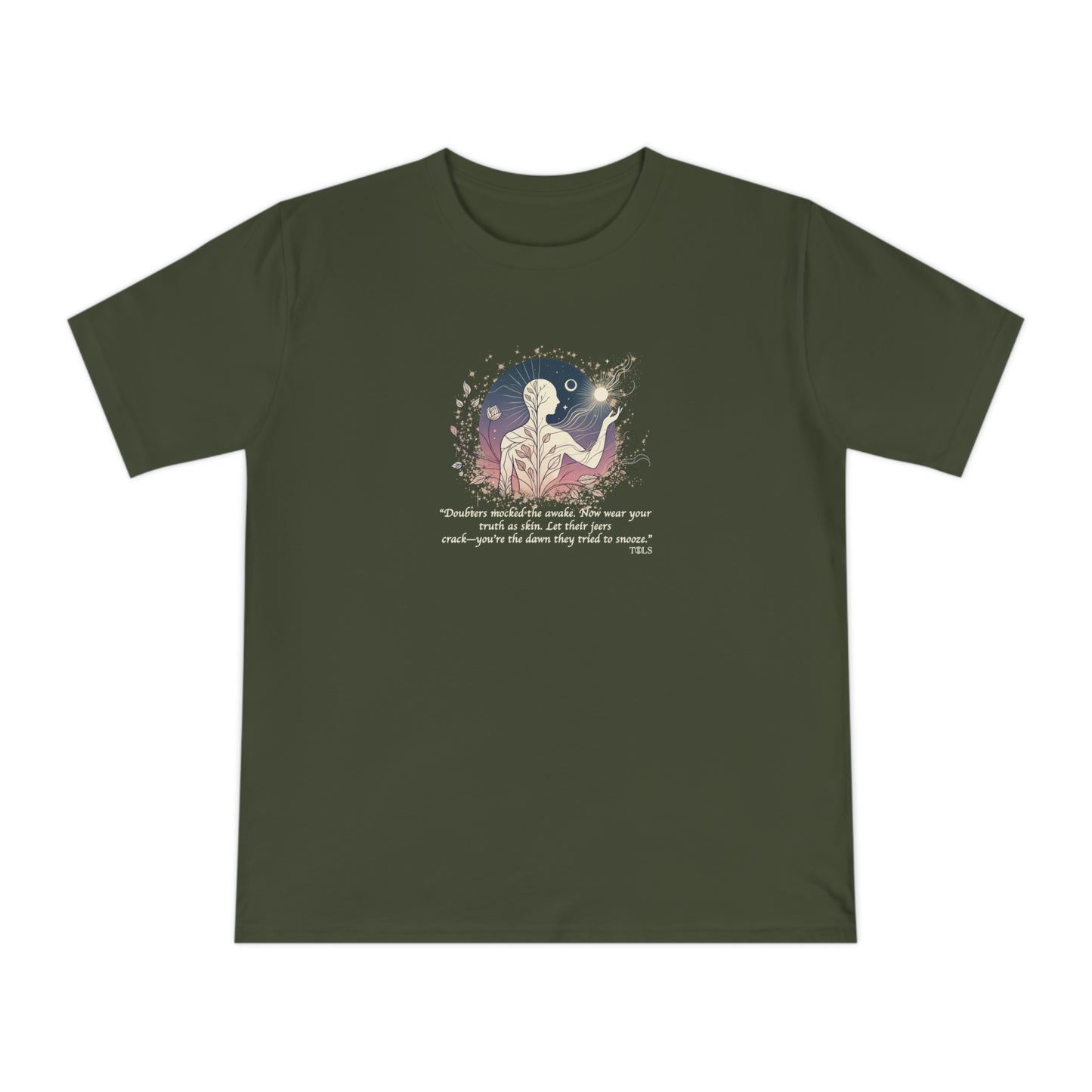 Sleepless Light Unisex T‑Shirt Moss Green by TOLS – ethically made from organic cotton.
