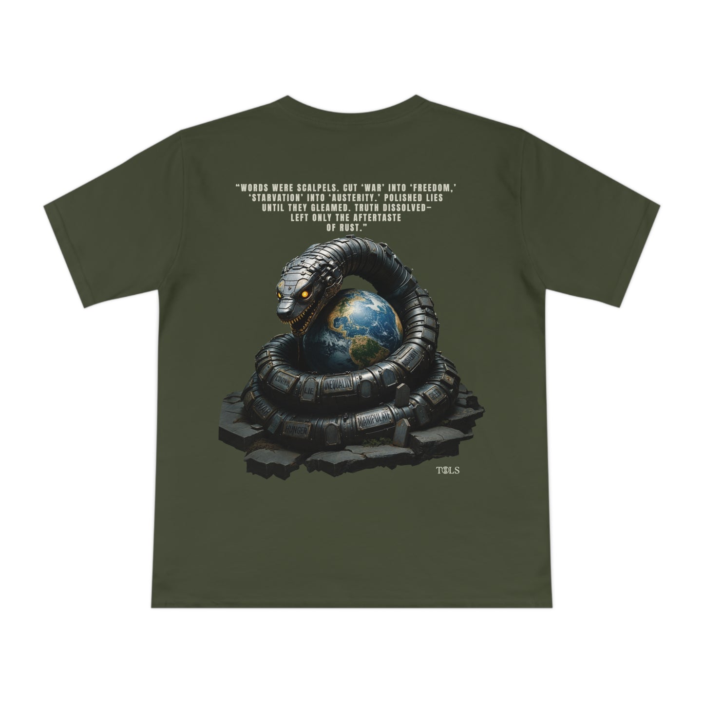 Rust-Tongued Unisex T‑Shirt Moss Green by TOLS – ethically made from organic cotton.