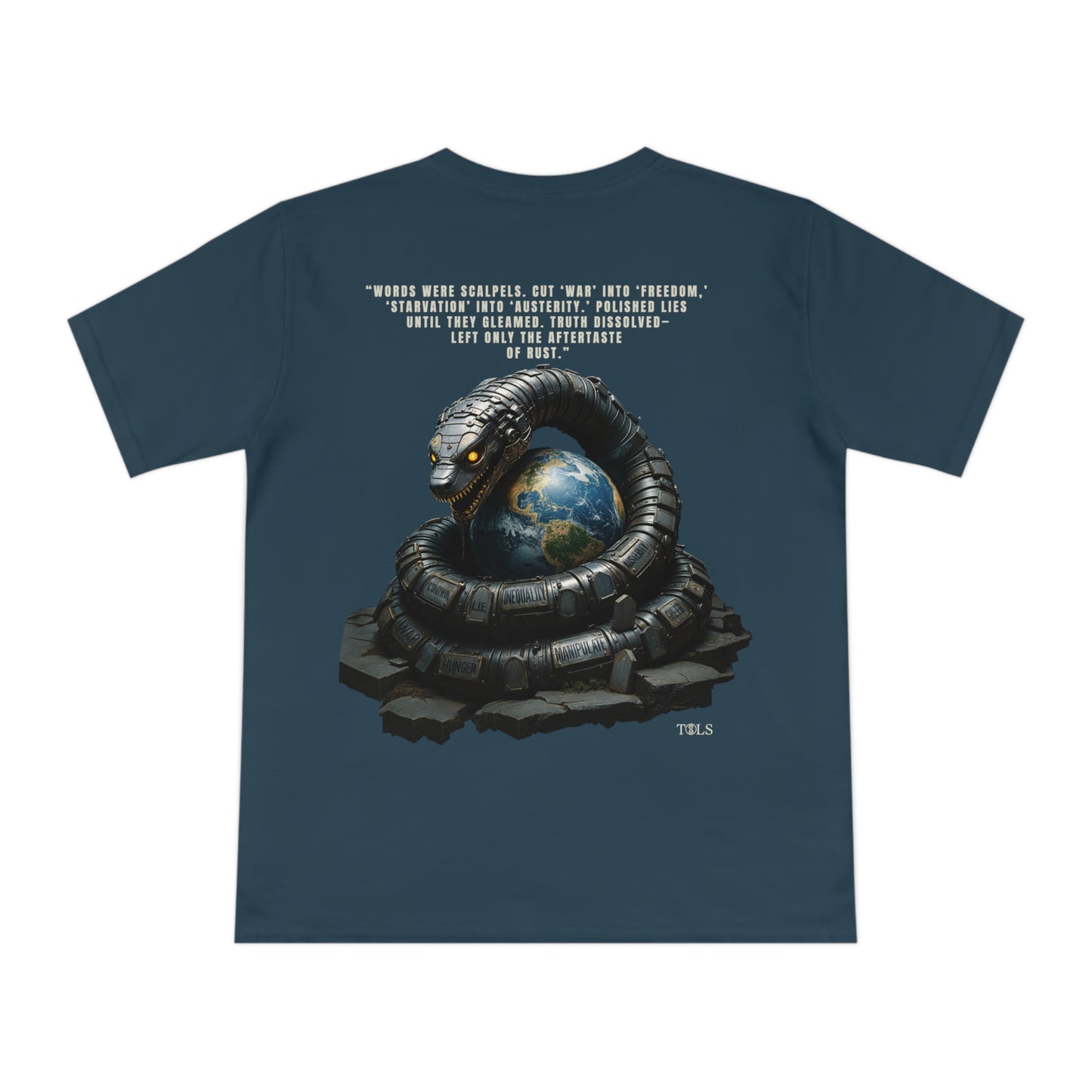 Rust-Tongued Unisex T‑Shirt Denim Blue by TOLS – ethically made from organic cotton.