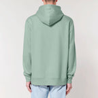 Unisex Heavyweight Organic Hoodie Aloe model male back Bend Not Break