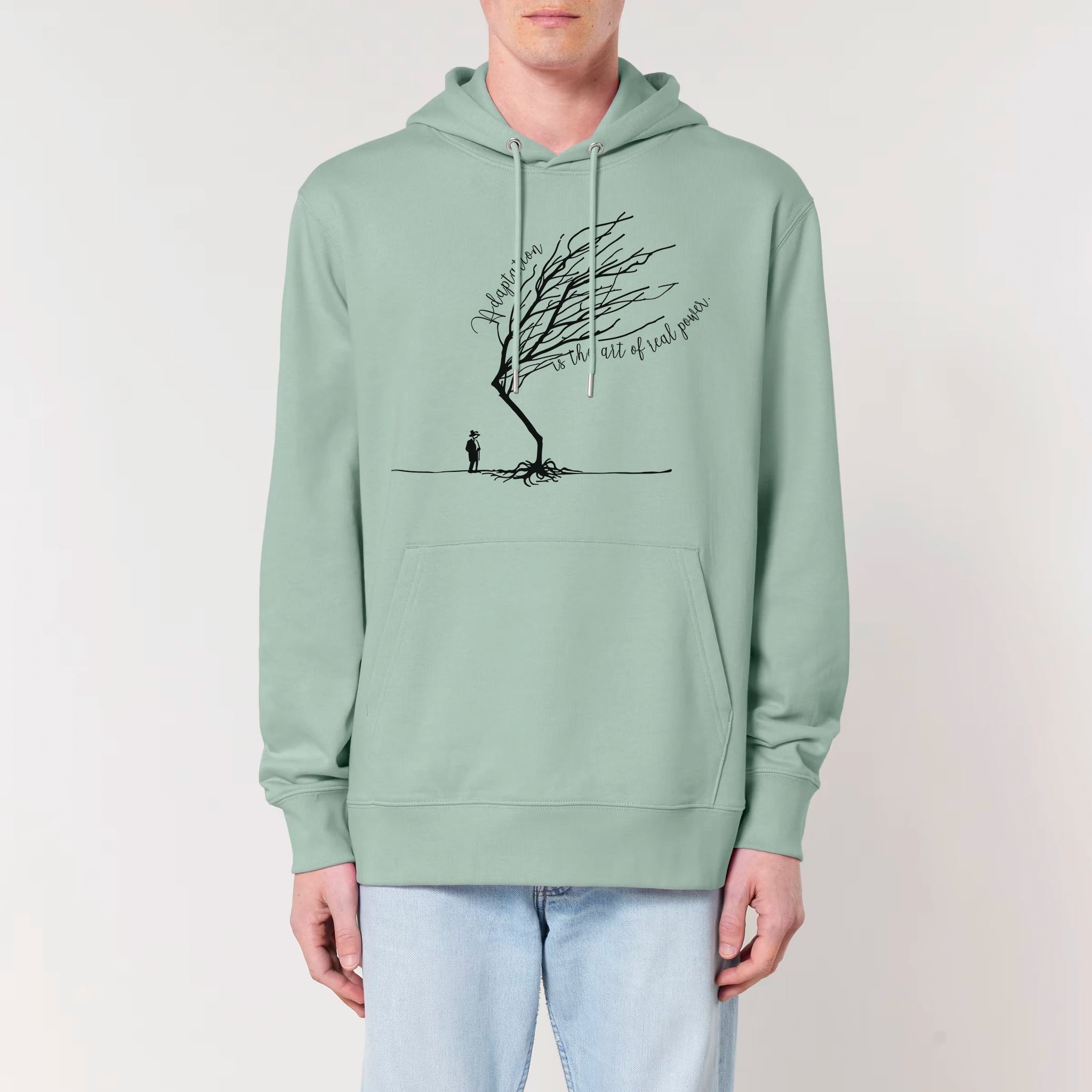 Unisex Heavyweight Organic Hoodie Aloe model male front Bend Not Break