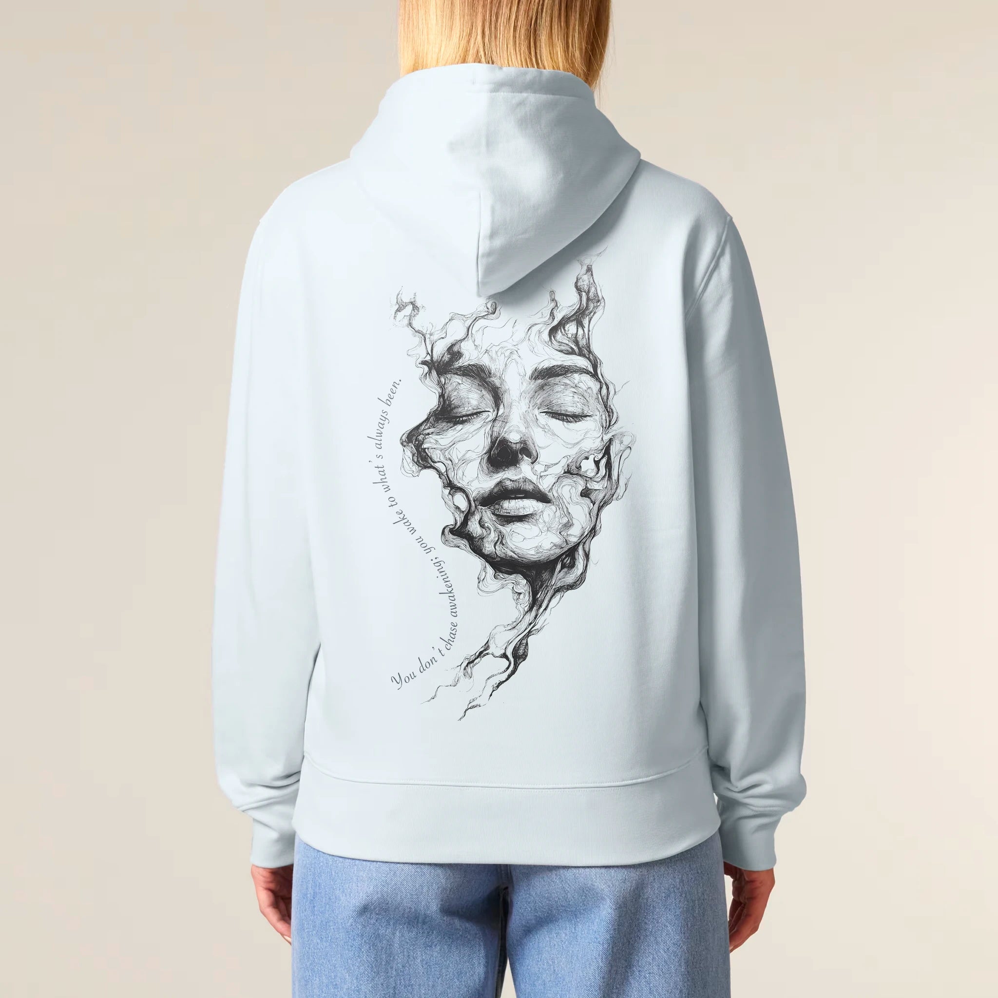 Unisex Heavyweight Organic Hoodie Blue Ice model female back Always Been