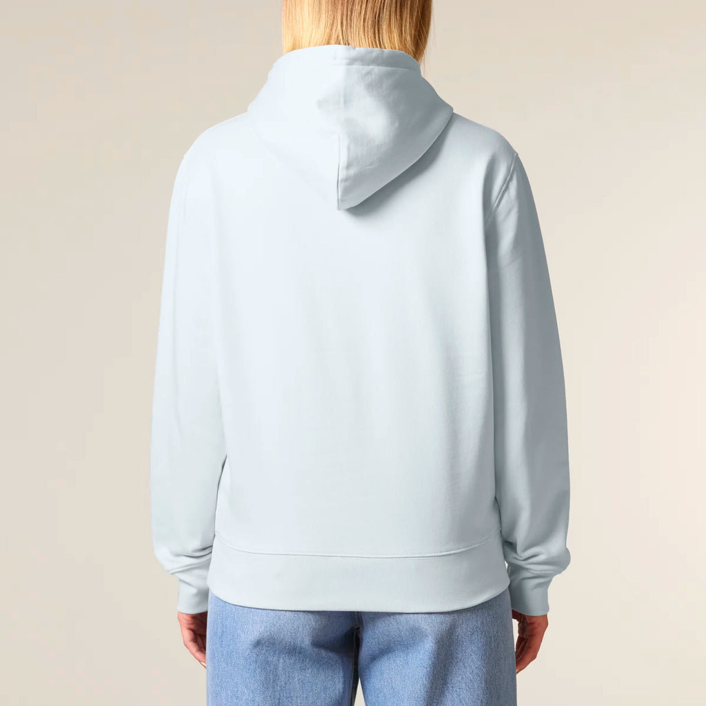 Unisex Heavyweight Organic Hoodie Blue Ice model female back Bend Not Break