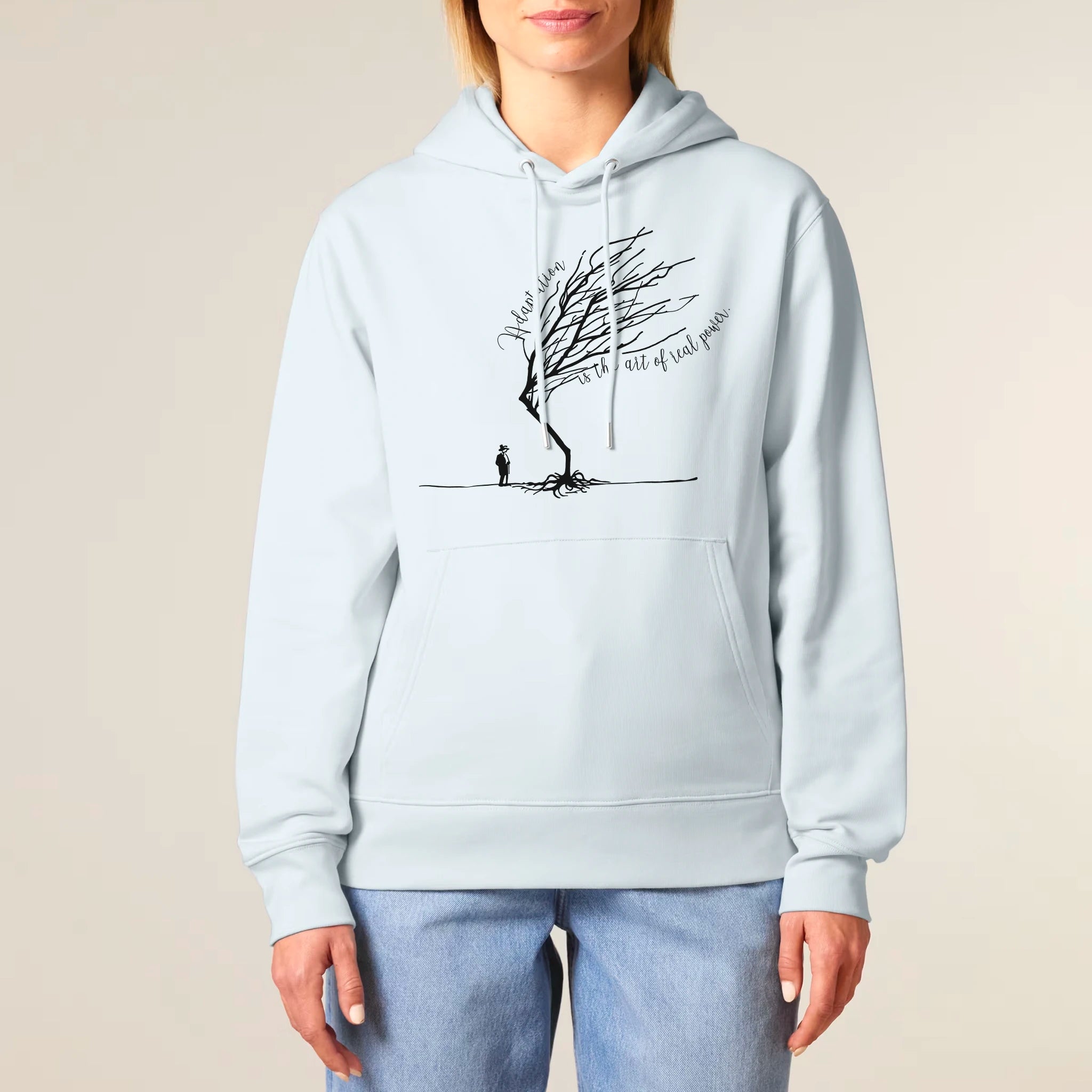 Unisex Heavyweight Organic Hoodie Blue Ice model female front Bend Not Break