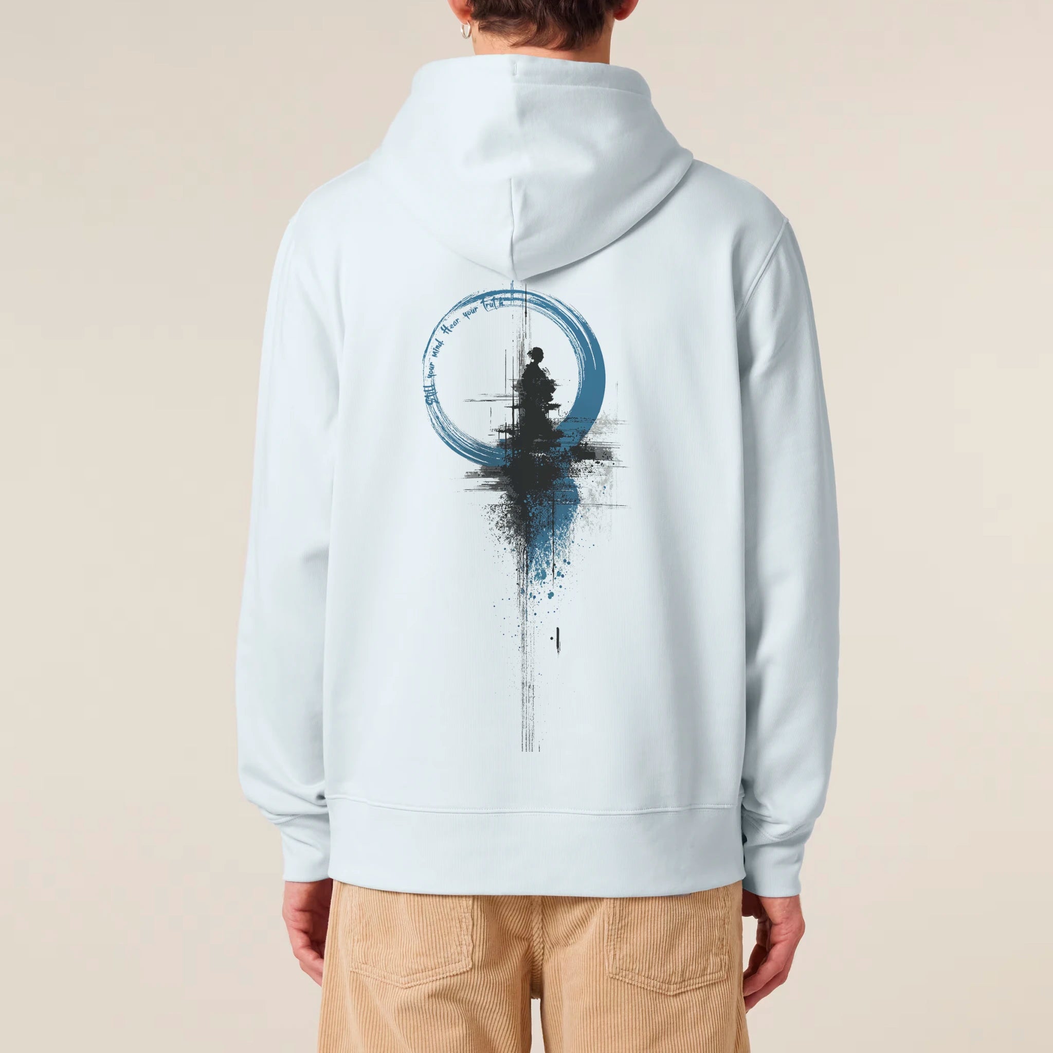 Unisex Heavyweight Organic Hoodie Blue Ice model male back Inner Truth