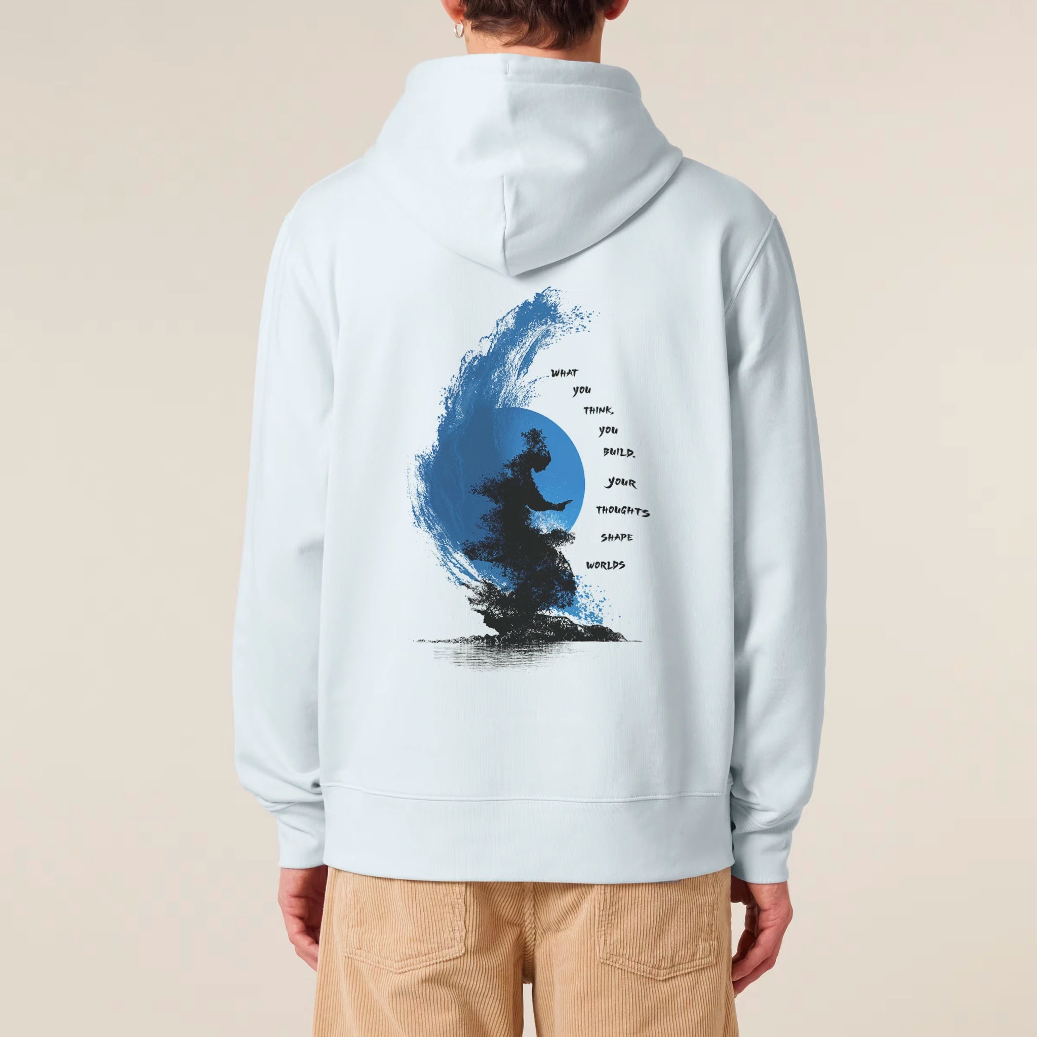 Unisex Heavyweight Organic Hoodie Blue Ice model male back No Limits