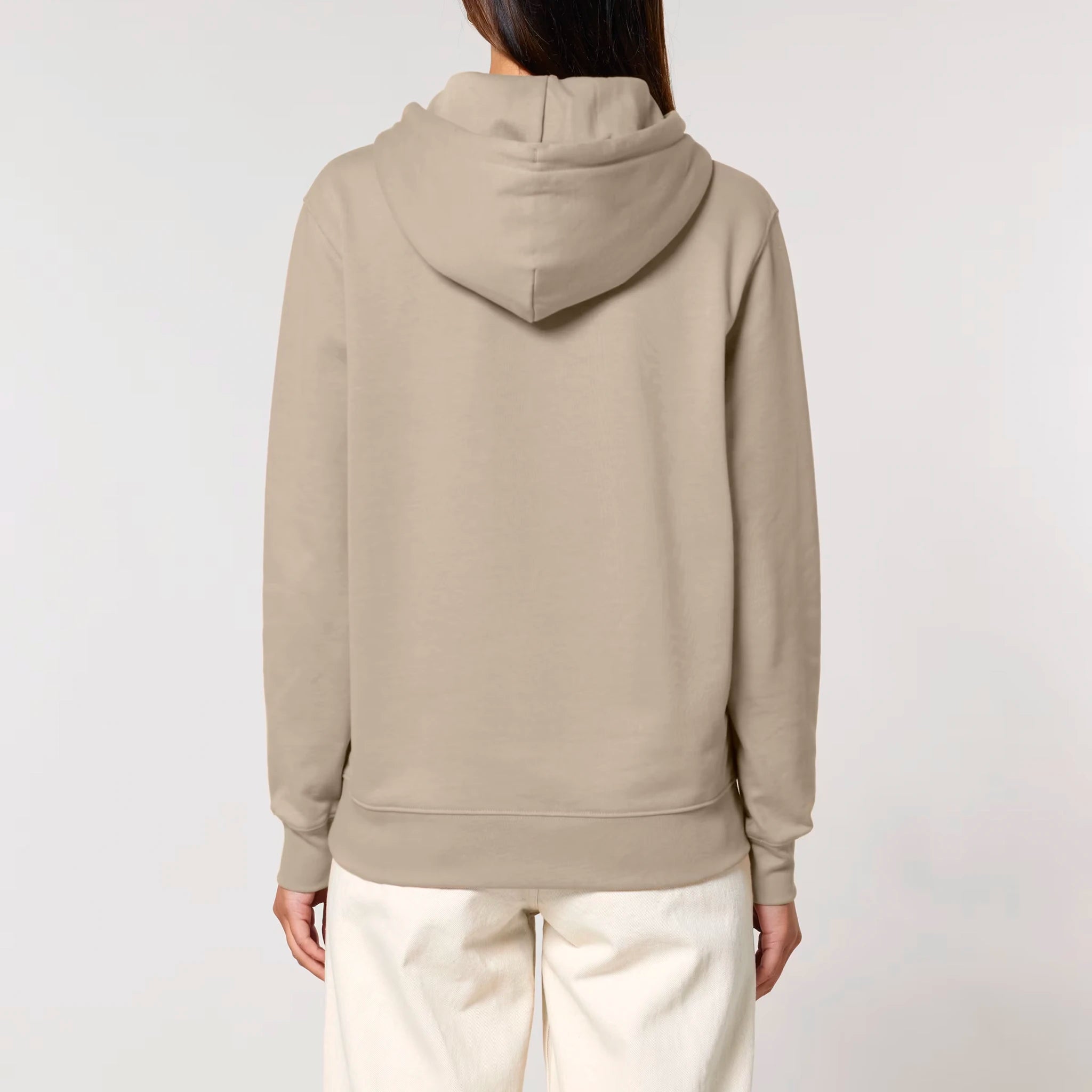 Unisex Heavyweight Organic Hoodie Desert Dust model female back Bend Not Break