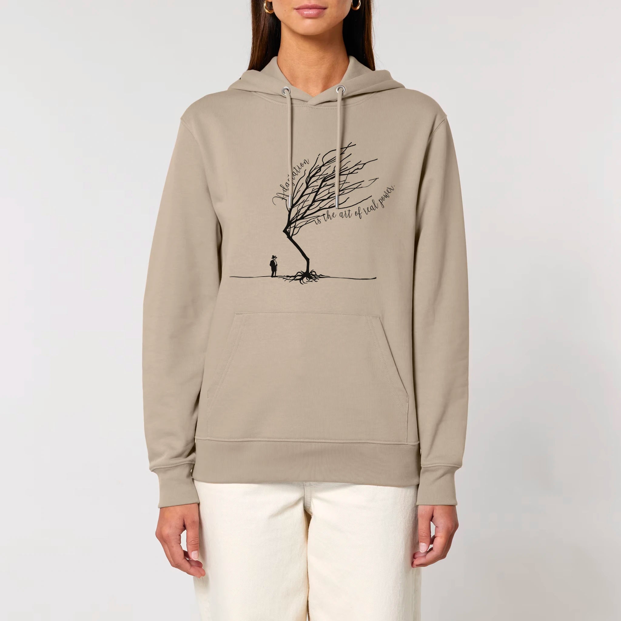 Unisex Heavyweight Organic Hoodie Desert Dust model female front Bend Not Break