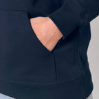 Unisex Heavyweight Organic Hoodie French Navy front sleeves model Chaos Dy Design