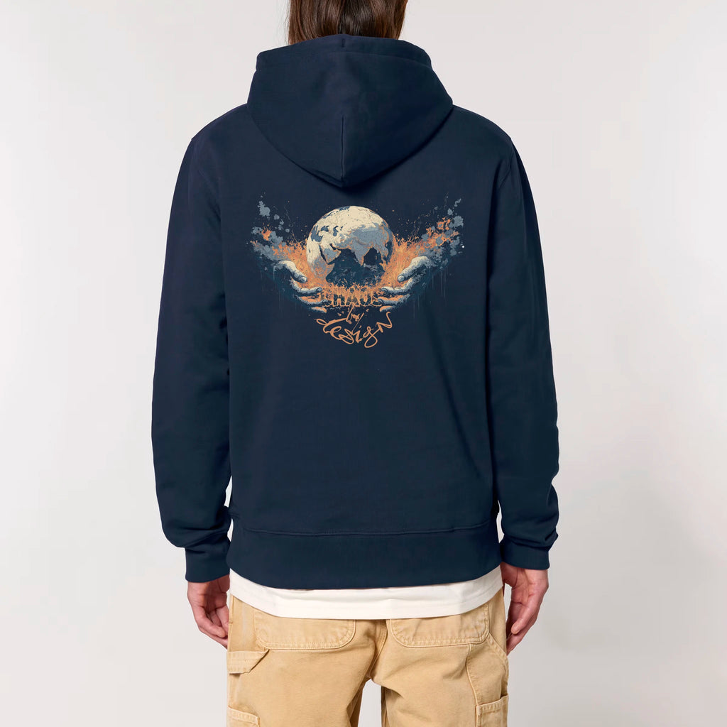 Unisex Heavyweight Organic Hoodie French Navy model male back Chaos Dy Design