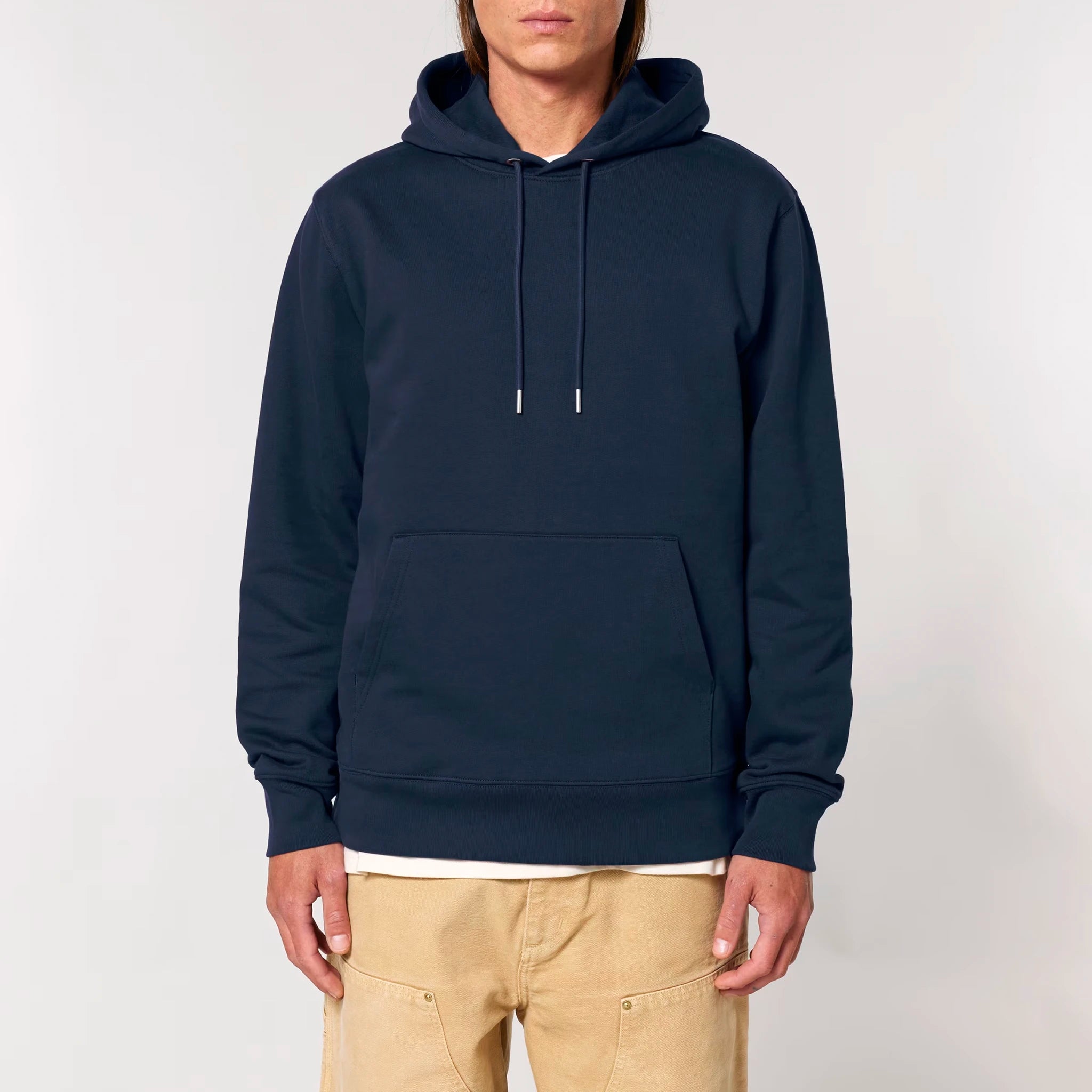 Unisex Heavyweight Organic Hoodie French Navy model male front Chaos Dy Design