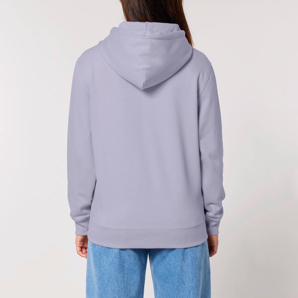 Unisex Heavyweight Organic Hoodie Lavender model female back Bend Not Break