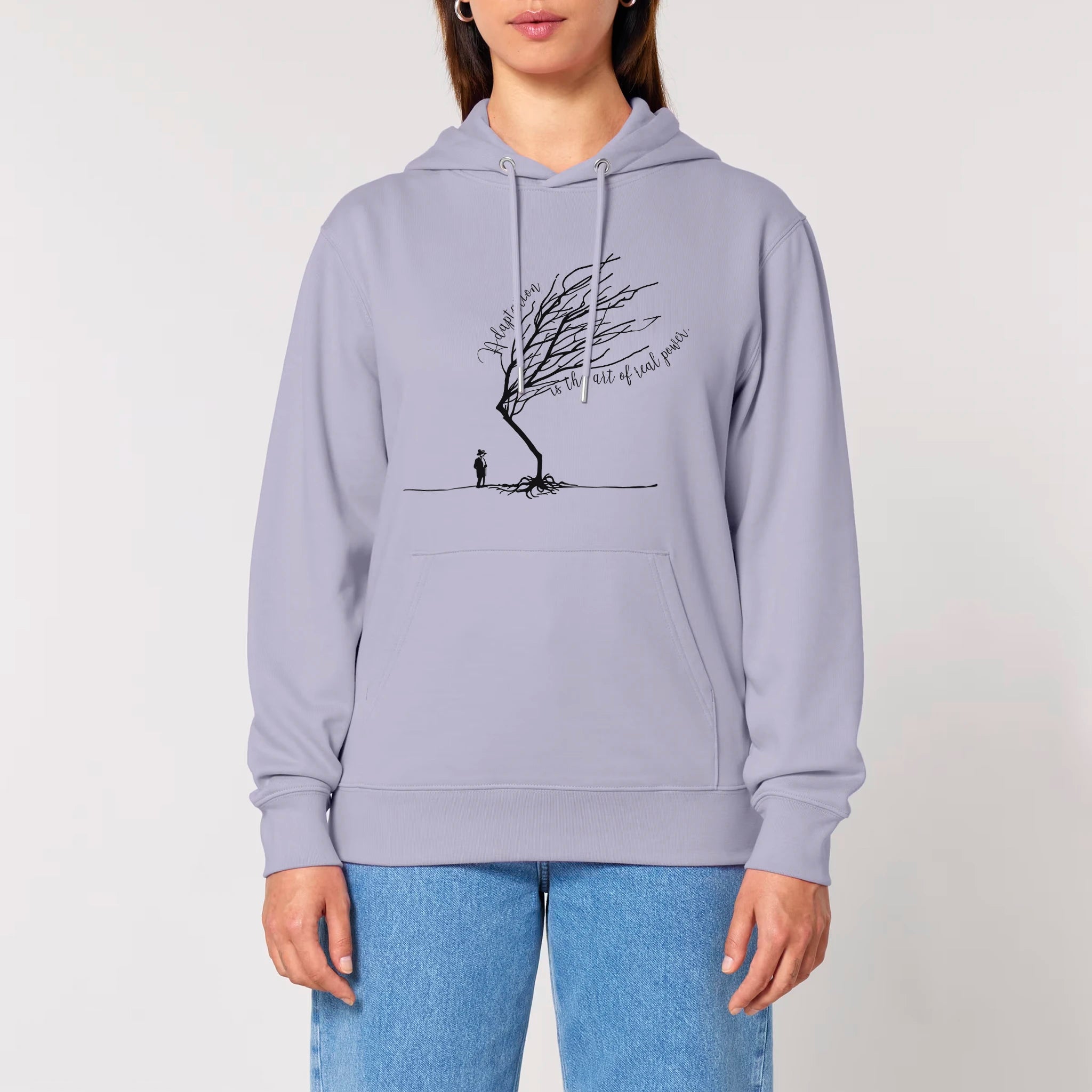 Unisex Heavyweight Organic Hoodie Lavender model female front Bend Not Break
