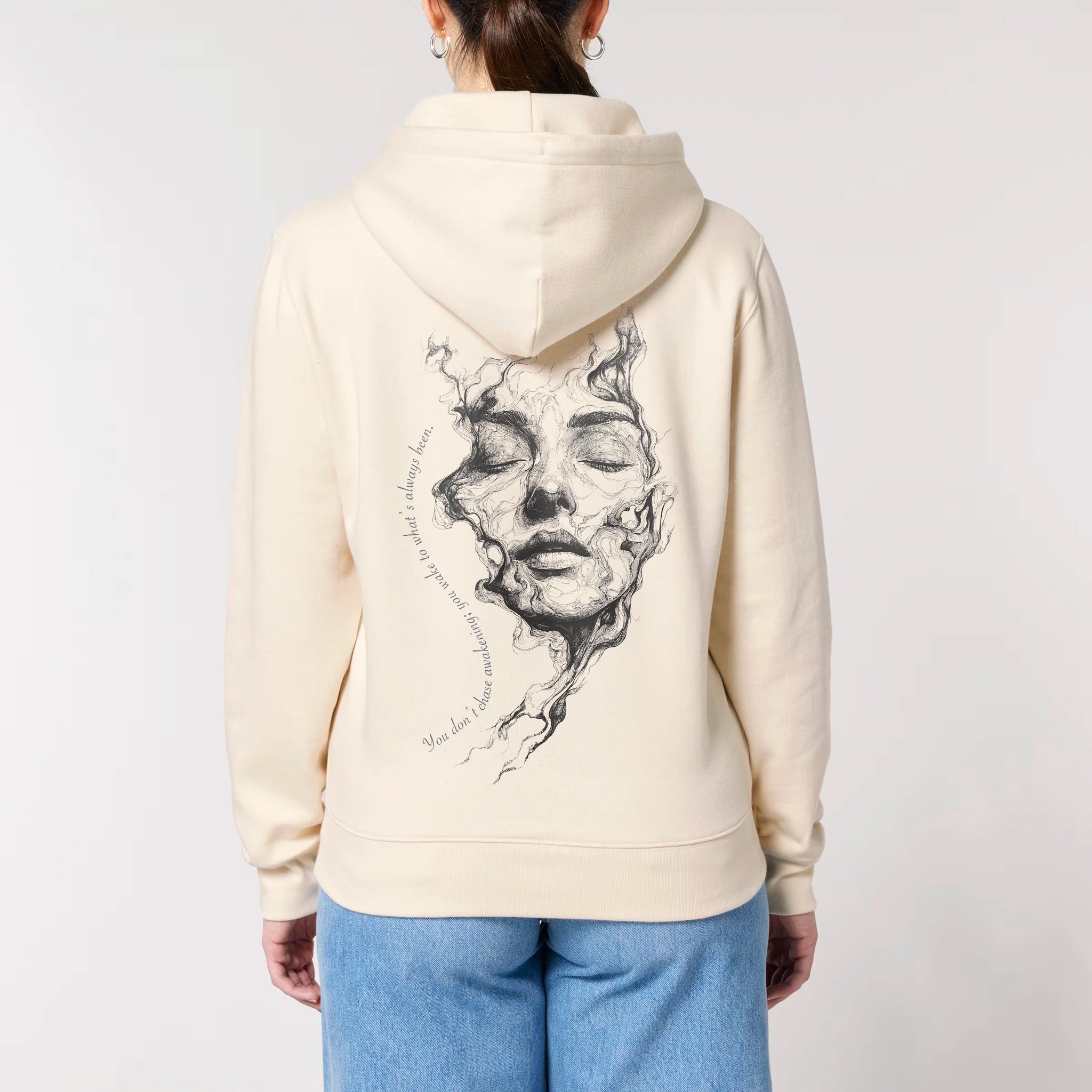 Unisex Heavyweight Organic Hoodie Natural Raw model female back Always Been