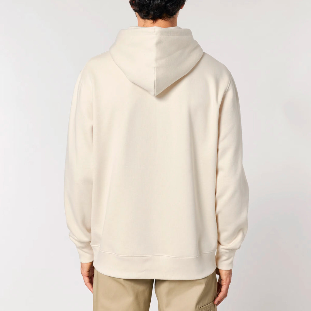 Unisex Heavyweight Organic Hoodie Natural Raw model male back Bend Not Break