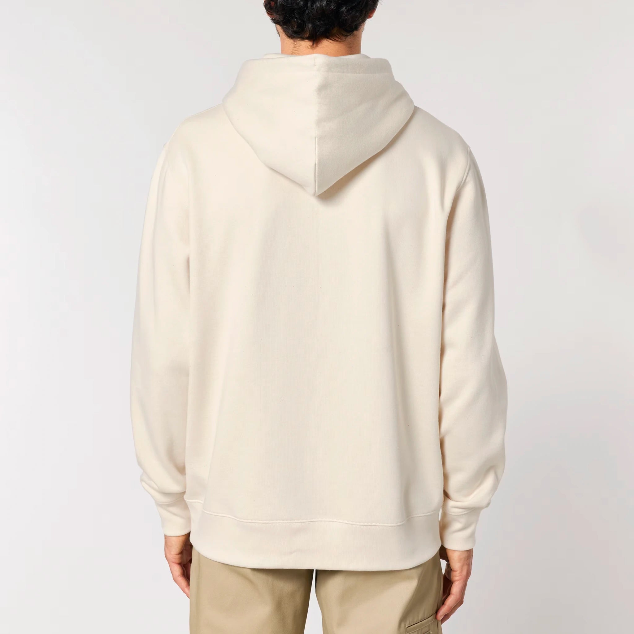 Unisex Heavyweight Organic Hoodie Natural Raw model male back Bend Not Break