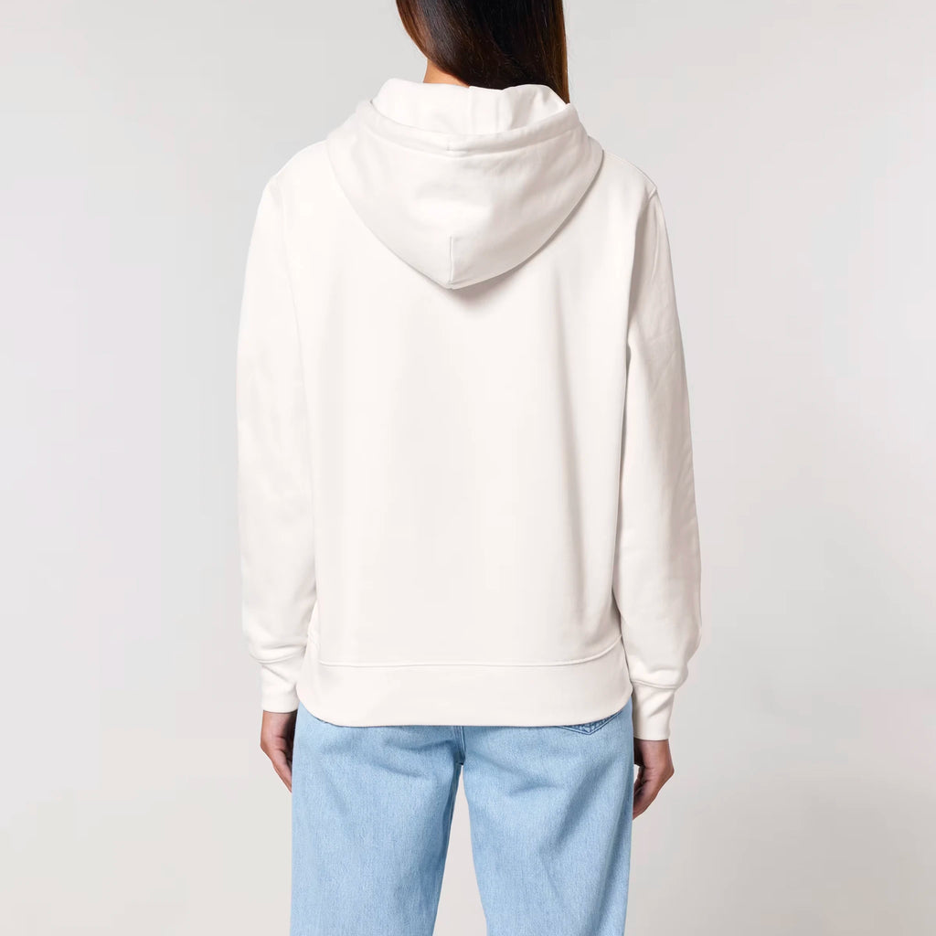 Unisex Heavyweight Organic Hoodie Off-white model female back Bend Not Break