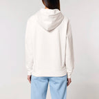 Unisex Heavyweight Organic Hoodie Off-white model female back Bend Not Break