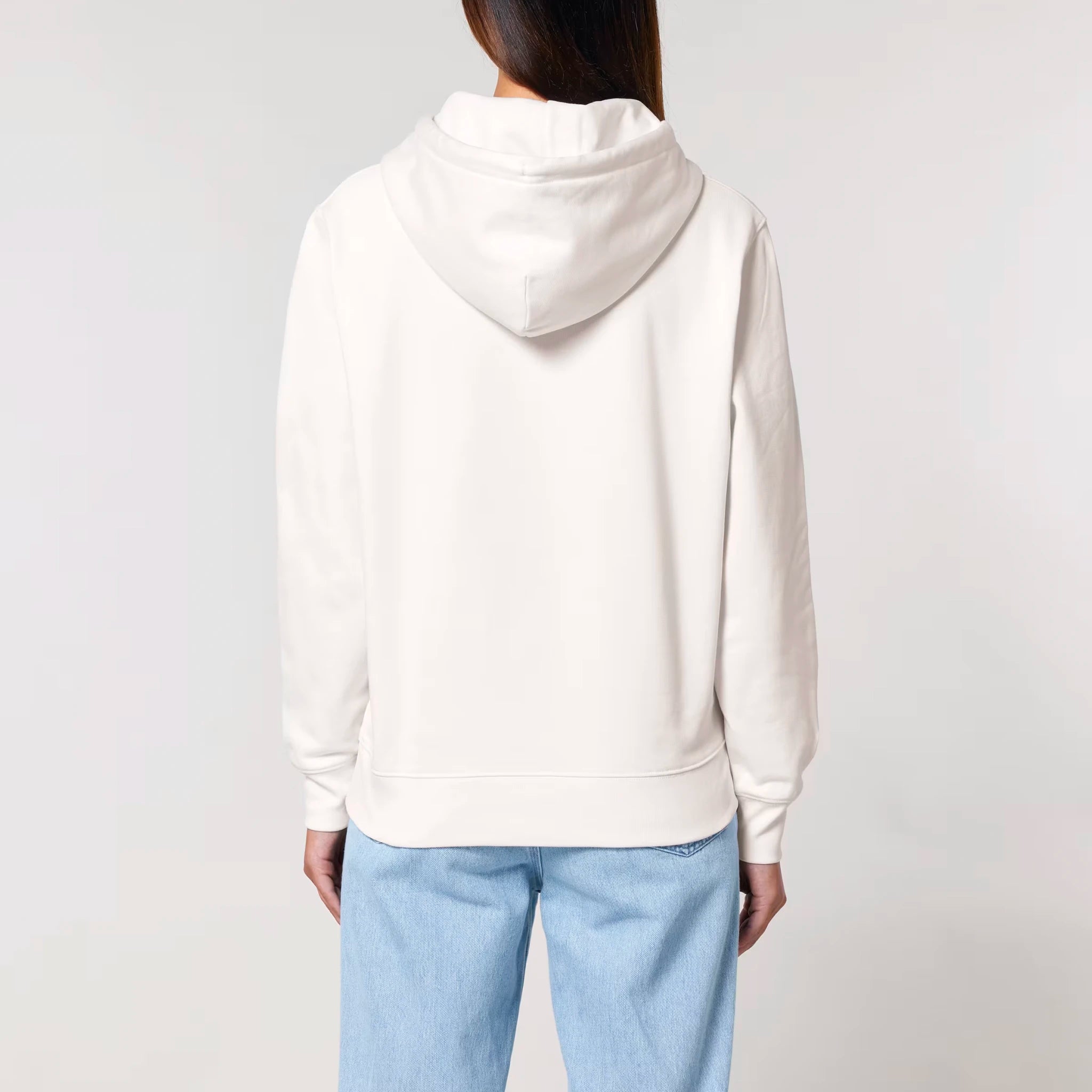 Unisex Heavyweight Organic Hoodie Off-white model female back Bend Not Break