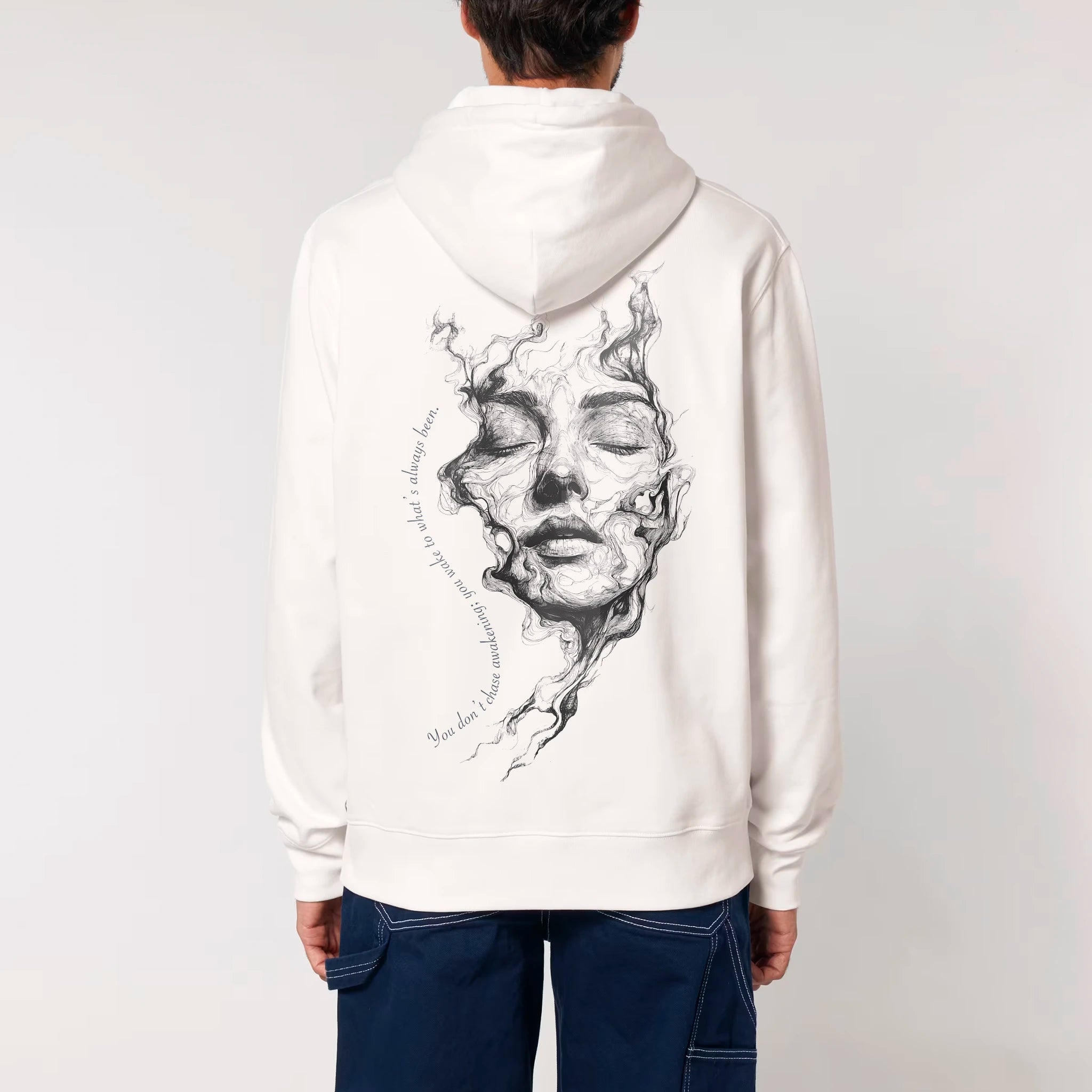 Unisex Heavyweight Organic Hoodie Off-white model male back Always Been