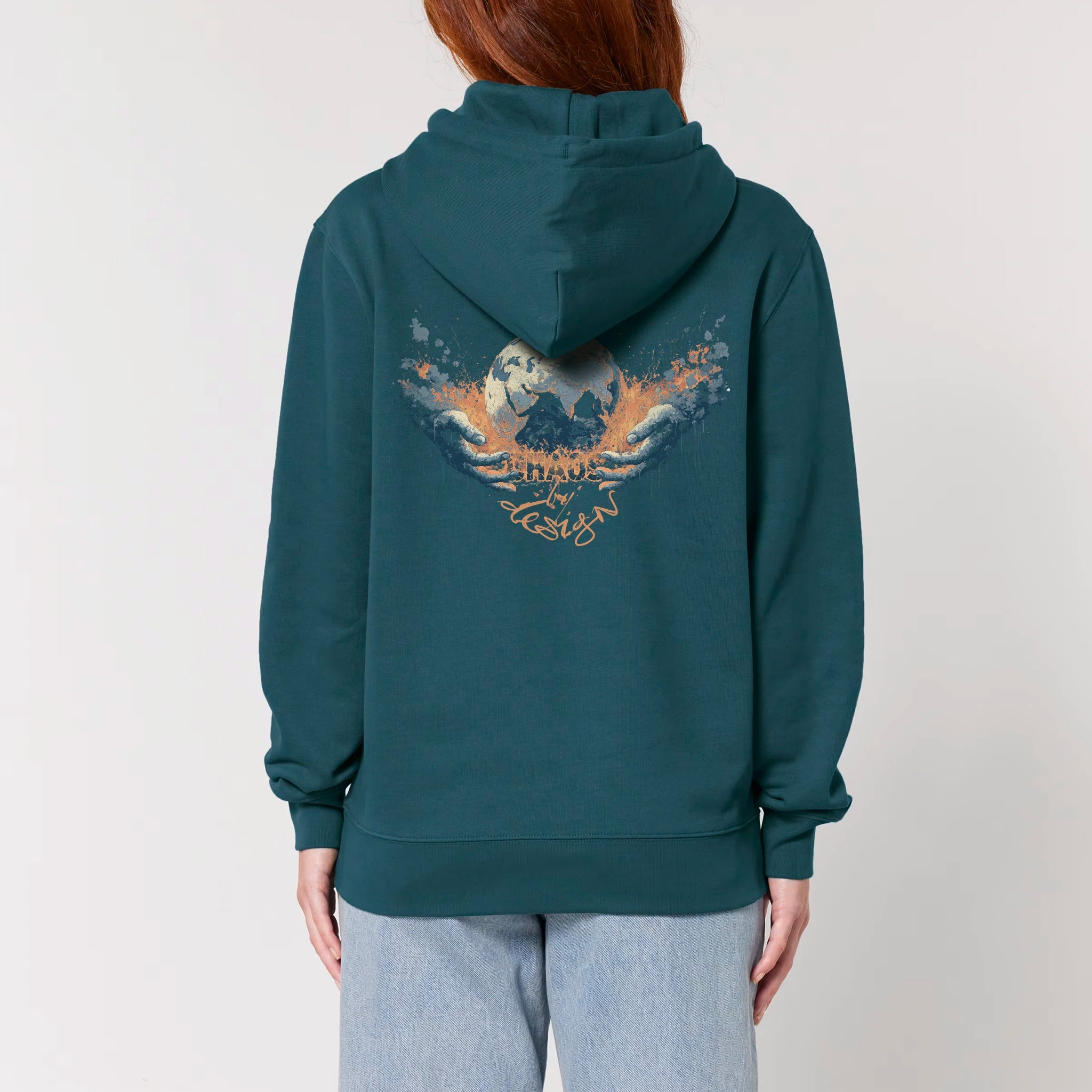 Unisex Heavyweight Organic Hoodie Stargazer model female back Chaos Dy Design