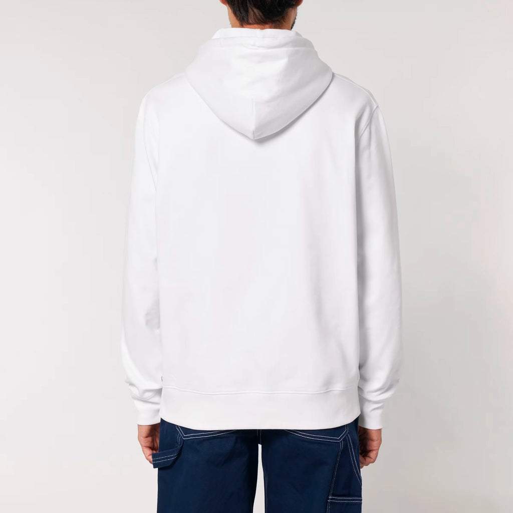 Unisex Heavyweight Organic Hoodie White model male back Bend Not Break